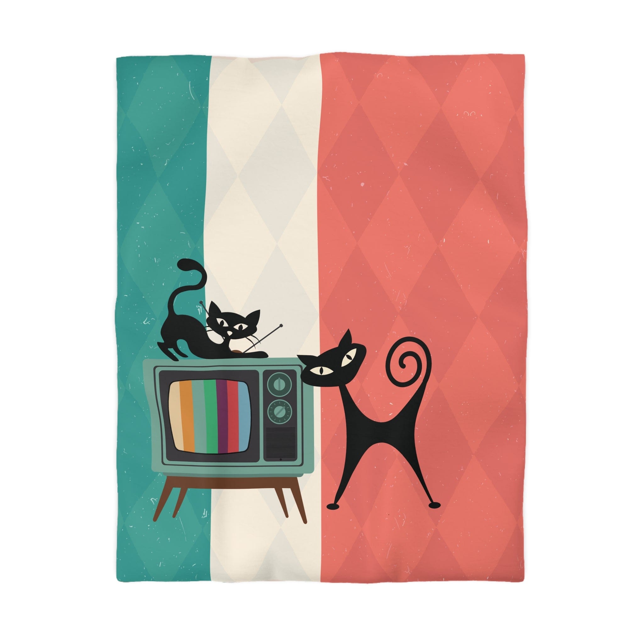 Kate McEnroe New York Atomic Cat Retro TV Duvet Cover, Vibrant MCM Bedding, Nostalgic 50s, Teal, Beige, Coral Bedroom DecorDuvet Covers30474303885798156664