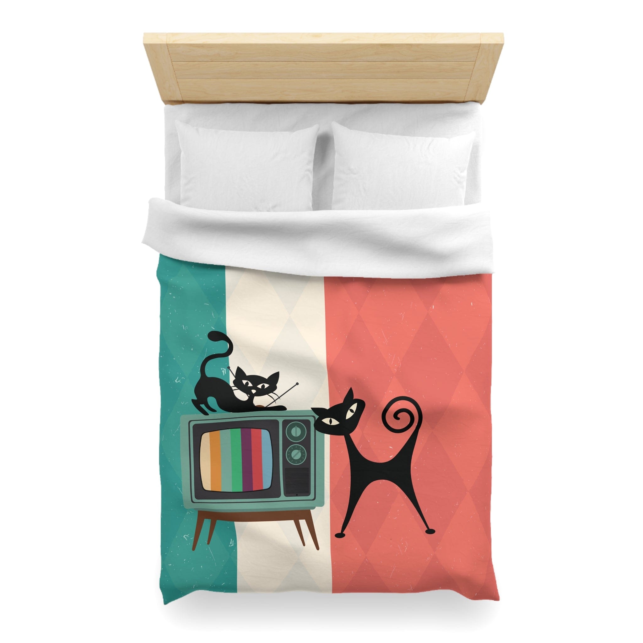 Kate McEnroe New York Atomic Cat Retro TV Duvet Cover, Vibrant MCM Bedding, Nostalgic 50s, Teal, Beige, Coral Bedroom DecorDuvet Covers30474303885798156664