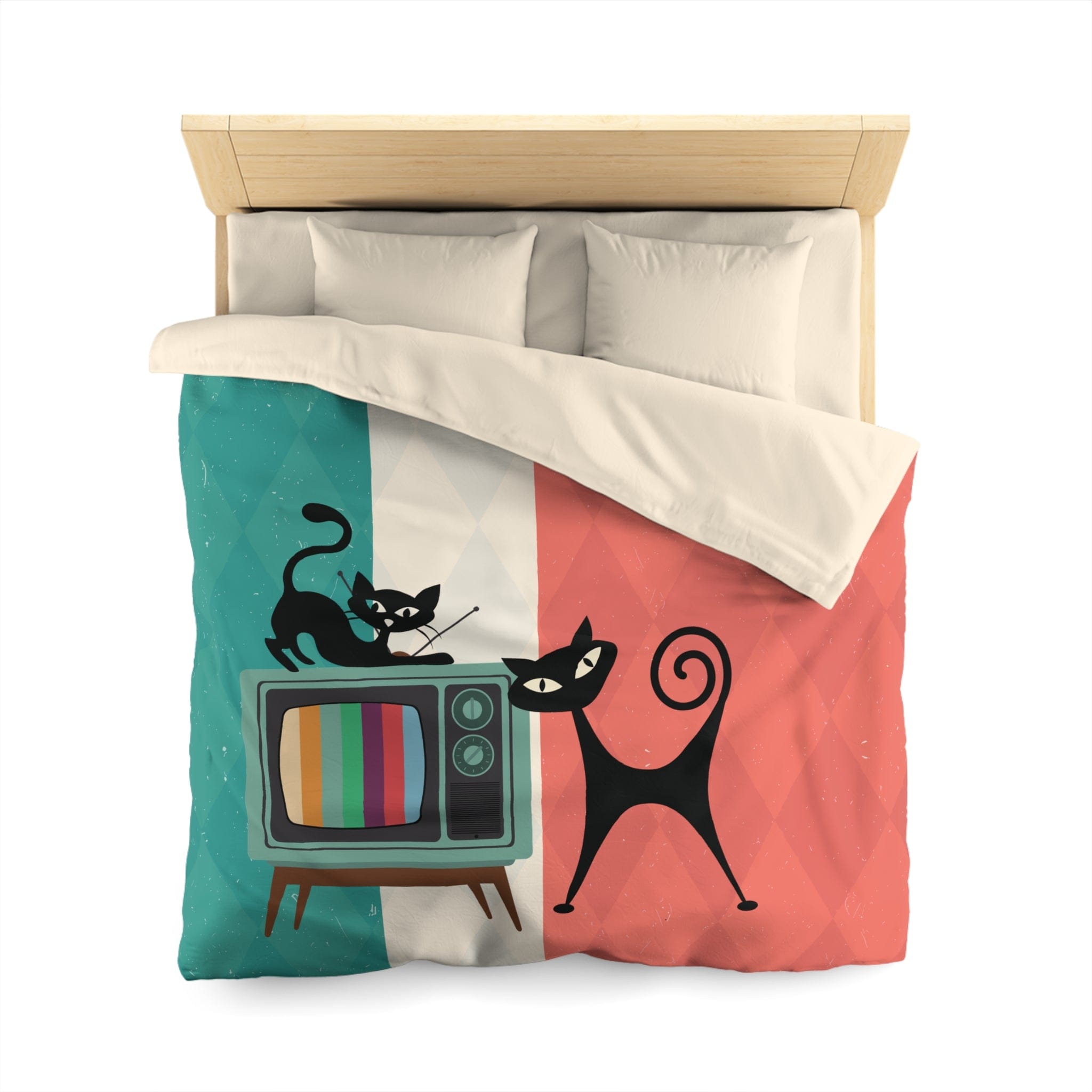 Kate McEnroe New York Atomic Cat Retro TV Duvet Cover, Vibrant MCM Bedding, Nostalgic 50s, Teal, Beige, Coral Bedroom DecorDuvet Covers30474303885798156664
