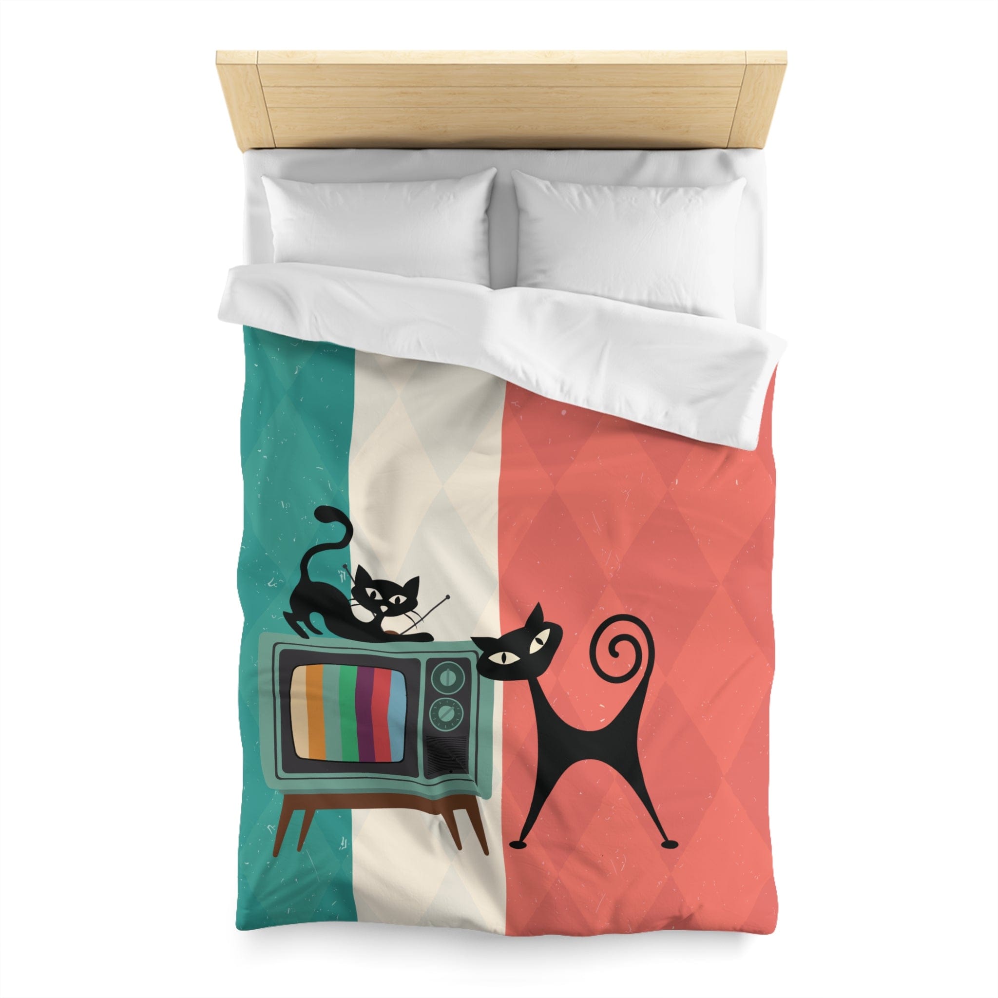 Kate McEnroe New York Atomic Cat Retro TV Duvet Cover, Vibrant MCM Bedding, Nostalgic 50s, Teal, Beige, Coral Bedroom DecorDuvet Covers30474303885798156664