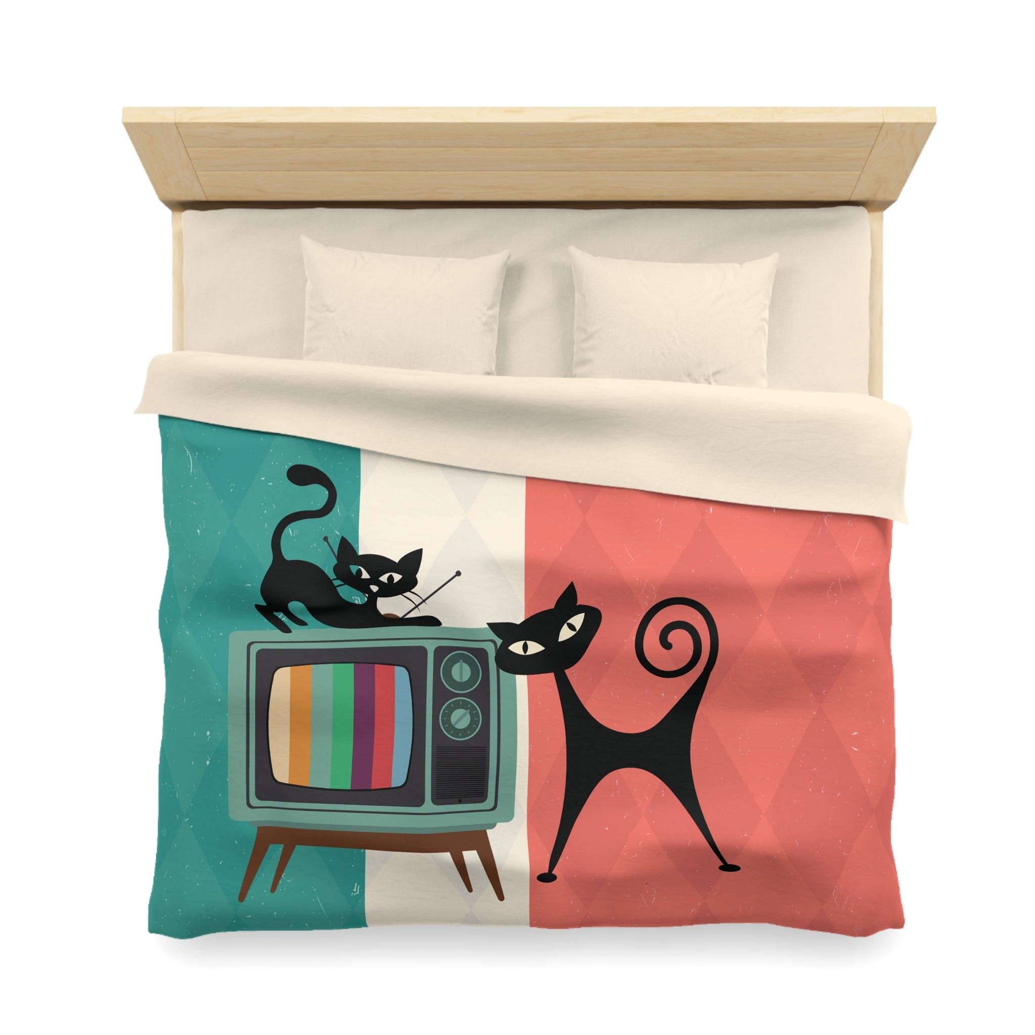 Kate McEnroe New York Atomic Cat Retro TV Duvet Cover, Vibrant MCM Bedding, Nostalgic 50s, Teal, Beige, Coral Bedroom DecorDuvet Covers30474303885798156664