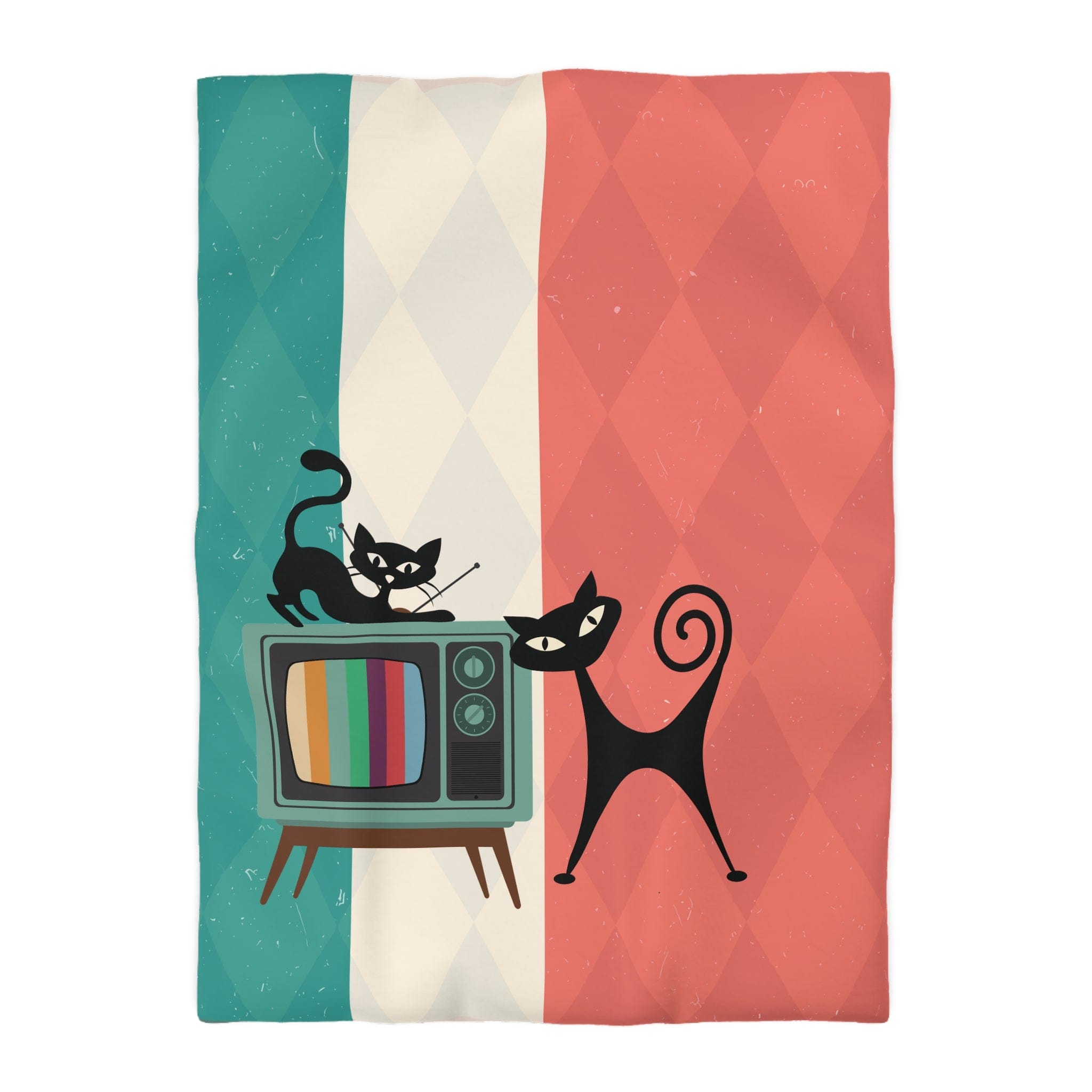 Kate McEnroe New York Atomic Cat Retro TV Duvet Cover, Vibrant MCM Bedding, Nostalgic 50s, Teal, Beige, Coral Bedroom DecorDuvet Covers30474303885798156664