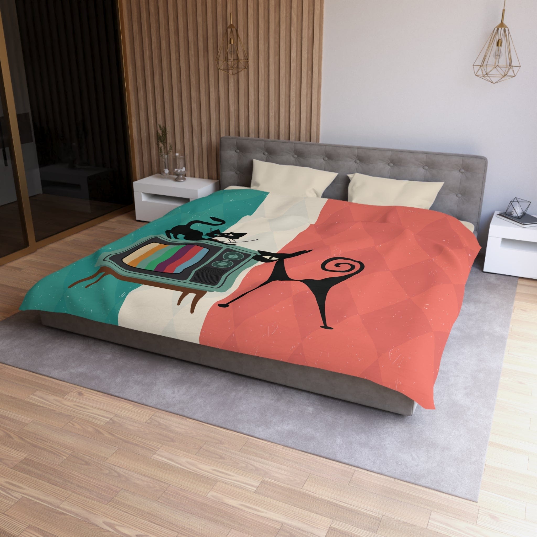 Kate McEnroe New York Atomic Cat Retro TV Duvet Cover, Vibrant MCM Bedding, Nostalgic 50s, Teal, Beige, Coral Bedroom DecorDuvet Covers30474303885798156664