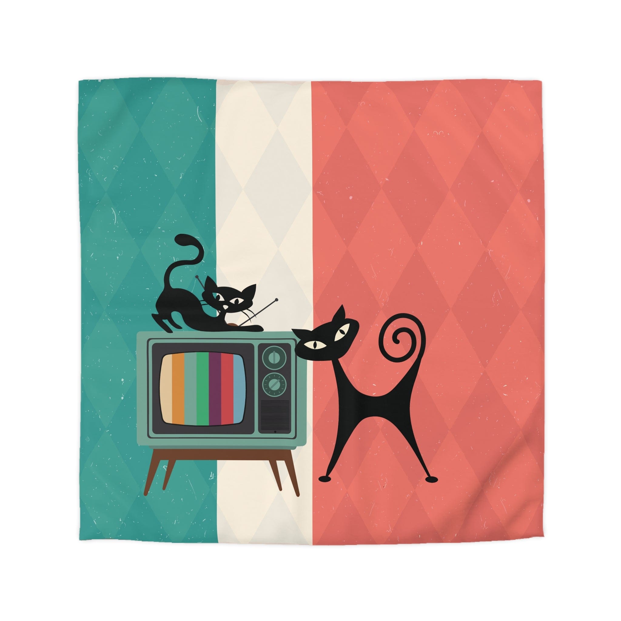 Kate McEnroe New York Atomic Cat Retro TV Duvet Cover, Vibrant MCM Bedding, Nostalgic 50s, Teal, Beige, Coral Bedroom DecorDuvet Covers30474303885798156664
