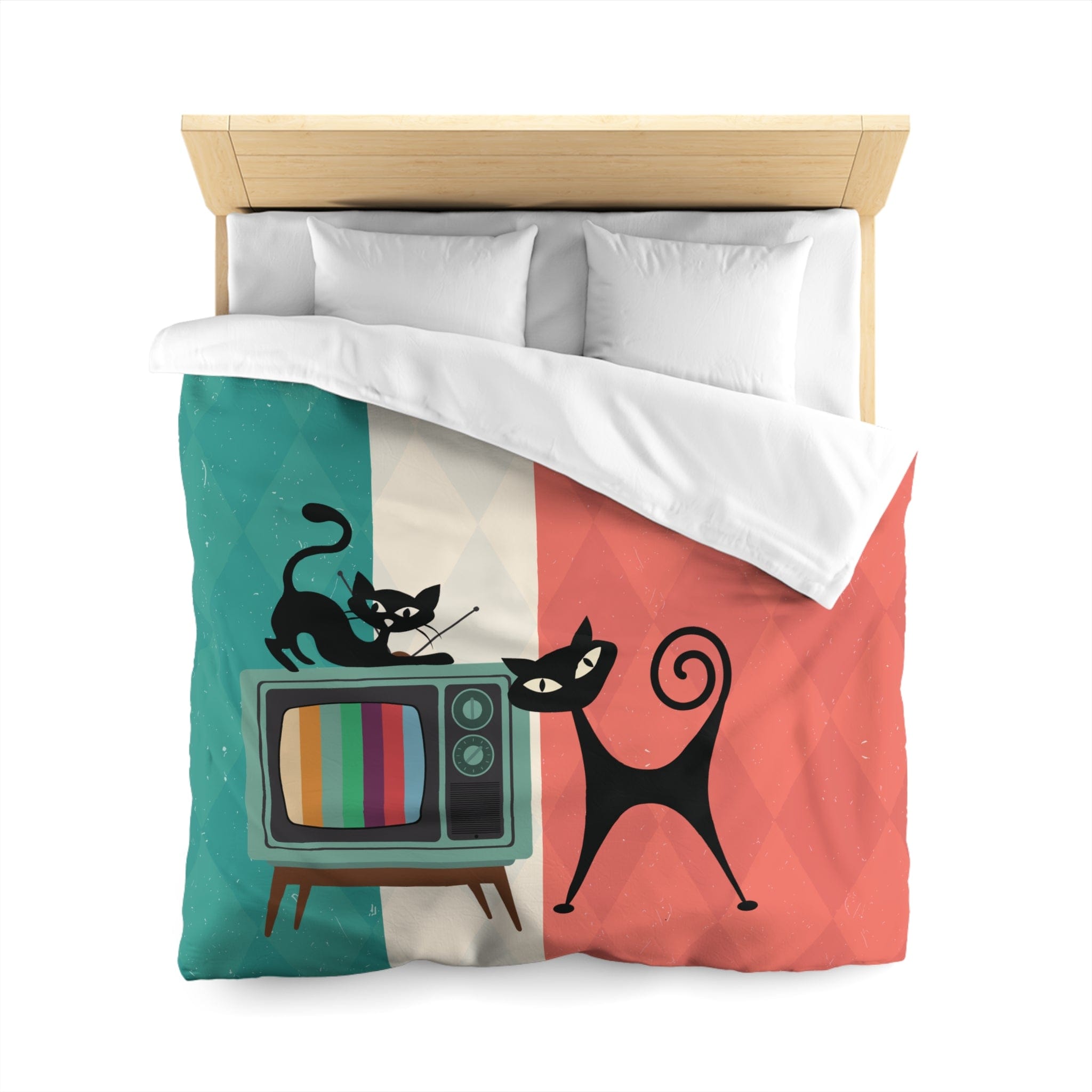 Kate McEnroe New York Atomic Cat Retro TV Duvet Cover, Vibrant MCM Bedding, Nostalgic 50s, Teal, Beige, Coral Bedroom DecorDuvet Covers30474303885798156664