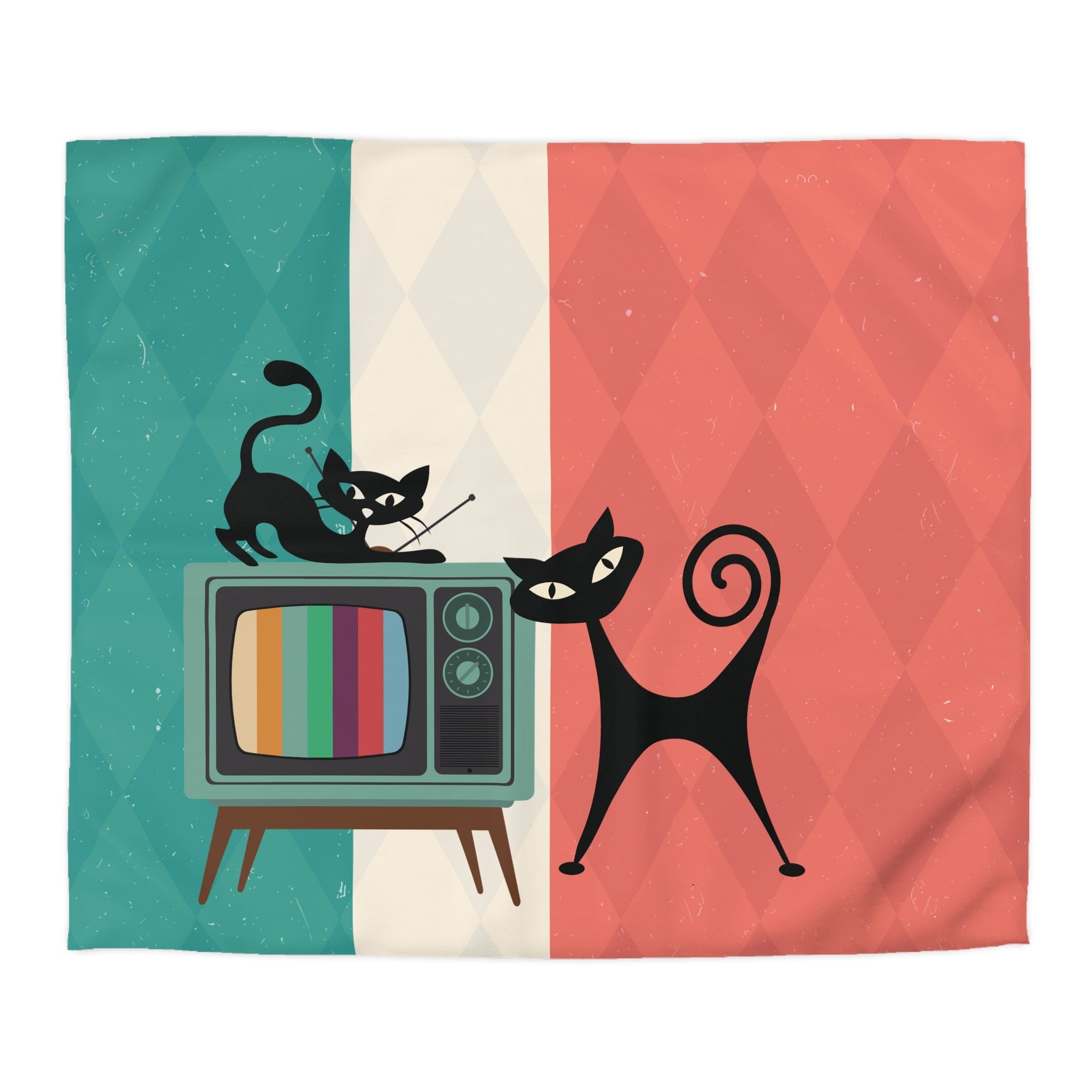 Kate McEnroe New York Atomic Cat Retro TV Duvet Cover, Vibrant MCM Bedding, Nostalgic 50s, Teal, Beige, Coral Bedroom DecorDuvet Covers30474303885798156664