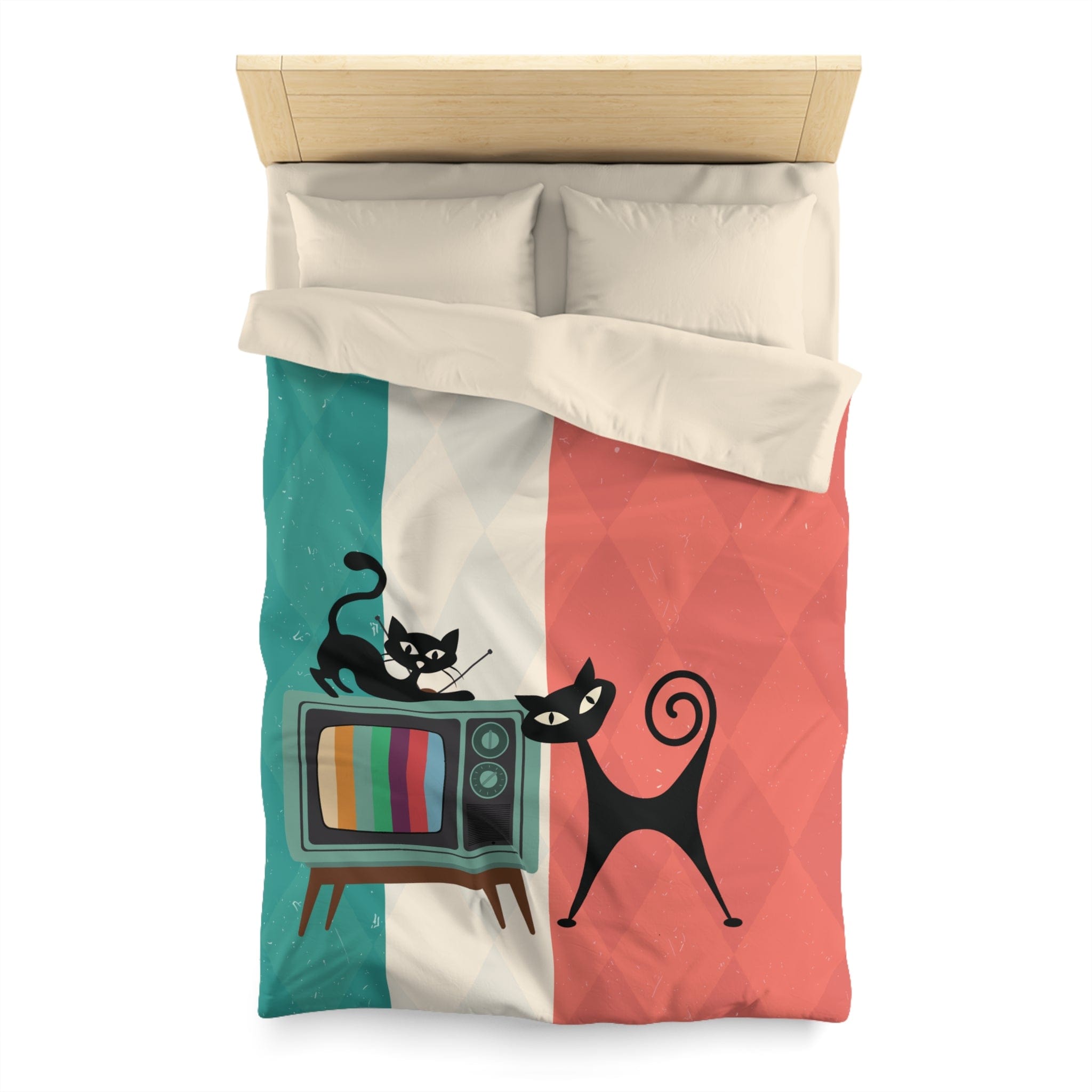 Kate McEnroe New York Atomic Cat Retro TV Duvet Cover, Vibrant MCM Bedding, Nostalgic 50s, Teal, Beige, Coral Bedroom DecorDuvet Covers30474303885798156664