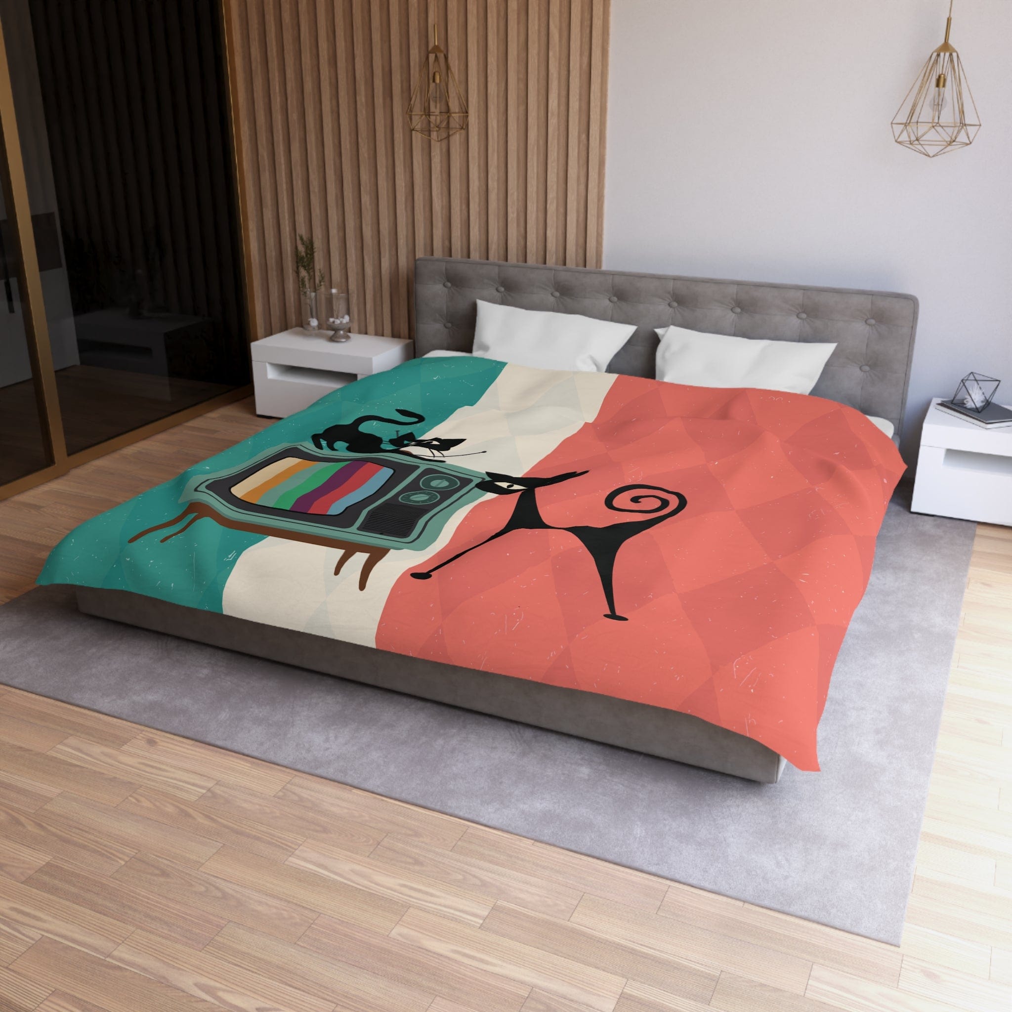 Kate McEnroe New York Atomic Cat Retro TV Duvet Cover, Vibrant MCM Bedding, Nostalgic 50s, Teal, Beige, Coral Bedroom DecorDuvet Covers75800103294022473405