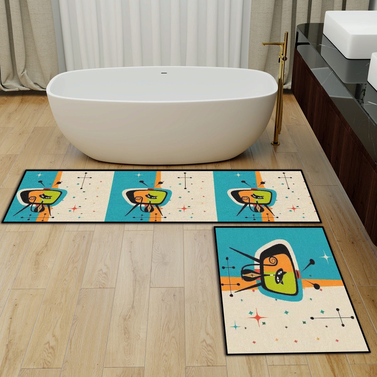 Kate McEnroe New York Atomic Cat Retro TV Kitchen Mat Set, Mid Century Modern Starburst RugKitchen Floor Mats89FigRsb7Y