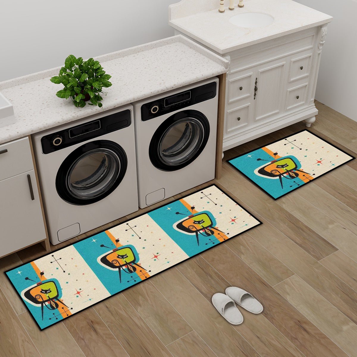 Kate McEnroe New York Atomic Cat Retro TV Kitchen Mat Set, Mid Century Modern Starburst RugKitchen Floor Mats89FigRsb7Y