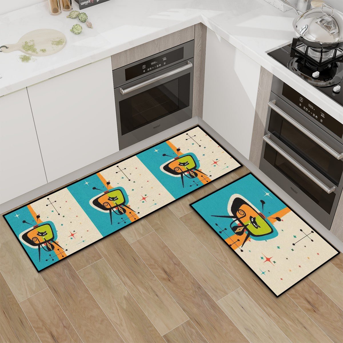 Kate McEnroe New York Atomic Cat Retro TV Kitchen Mat Set, Mid Century Modern Starburst RugKitchen Floor Mats89FigRsb7Y