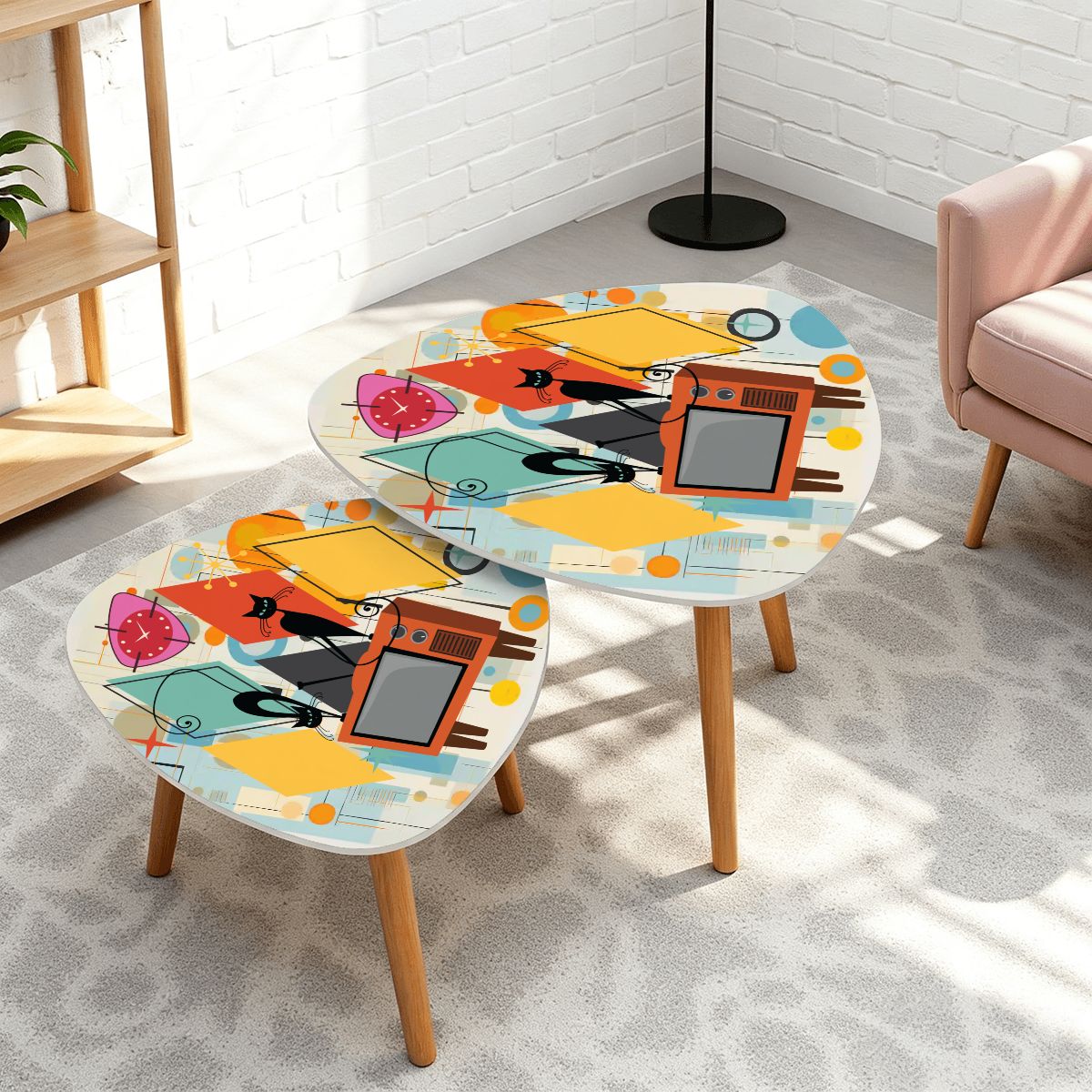 Kate McEnroe New York Atomic Cat Retro TV Nesting Tables, Mid Century Modern 50s Kitsch Side Table Set, MCM Starburst Accent FurnitureNesting TablesBvz2pSypWY