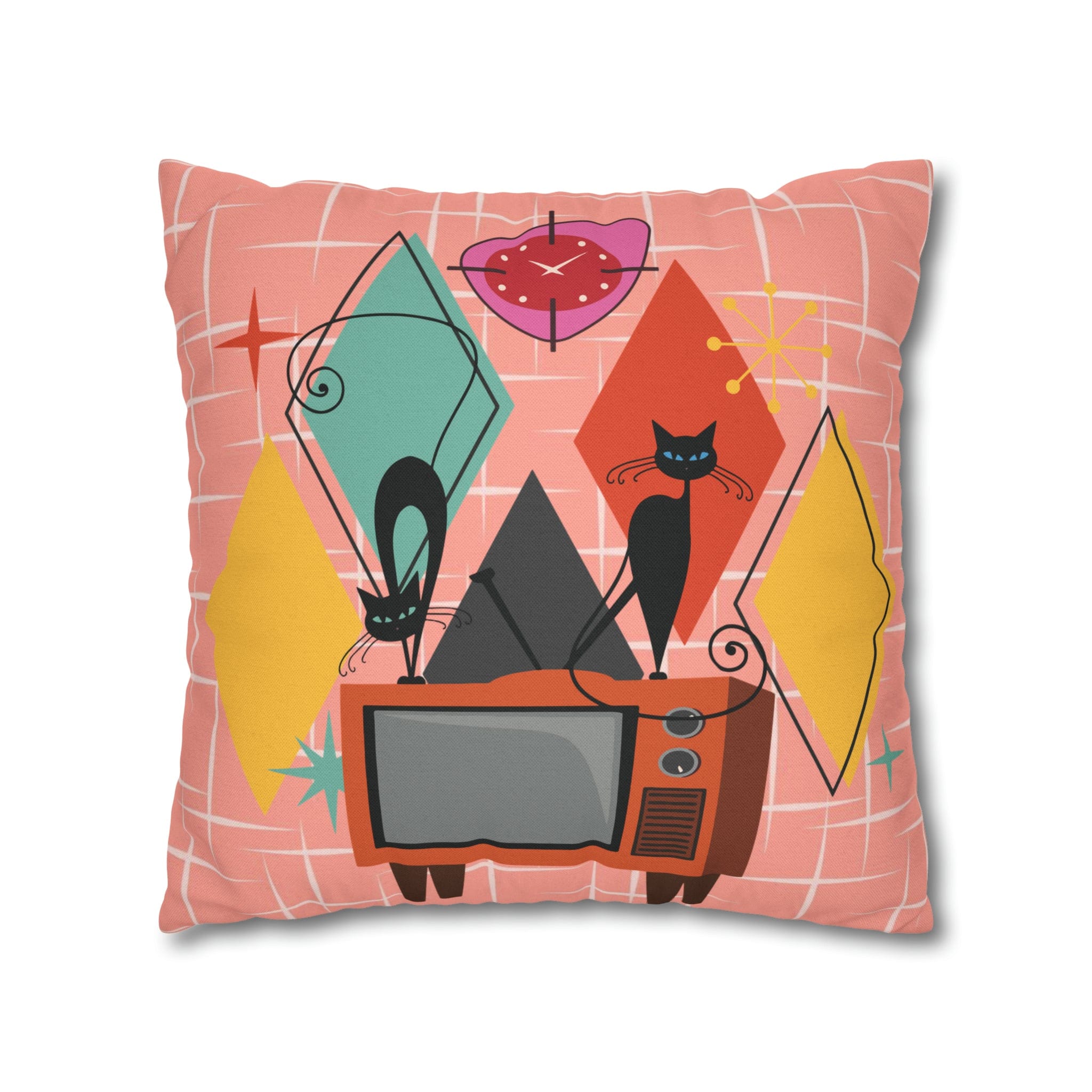 Kate McEnroe New York Atomic Cat Retro TV Pillow Cover, Mid Century Modern Orange, Teal, Yellow, Pink Cushion Covers, MCM Pillow CaseThrow Pillow Covers28026697588794533196