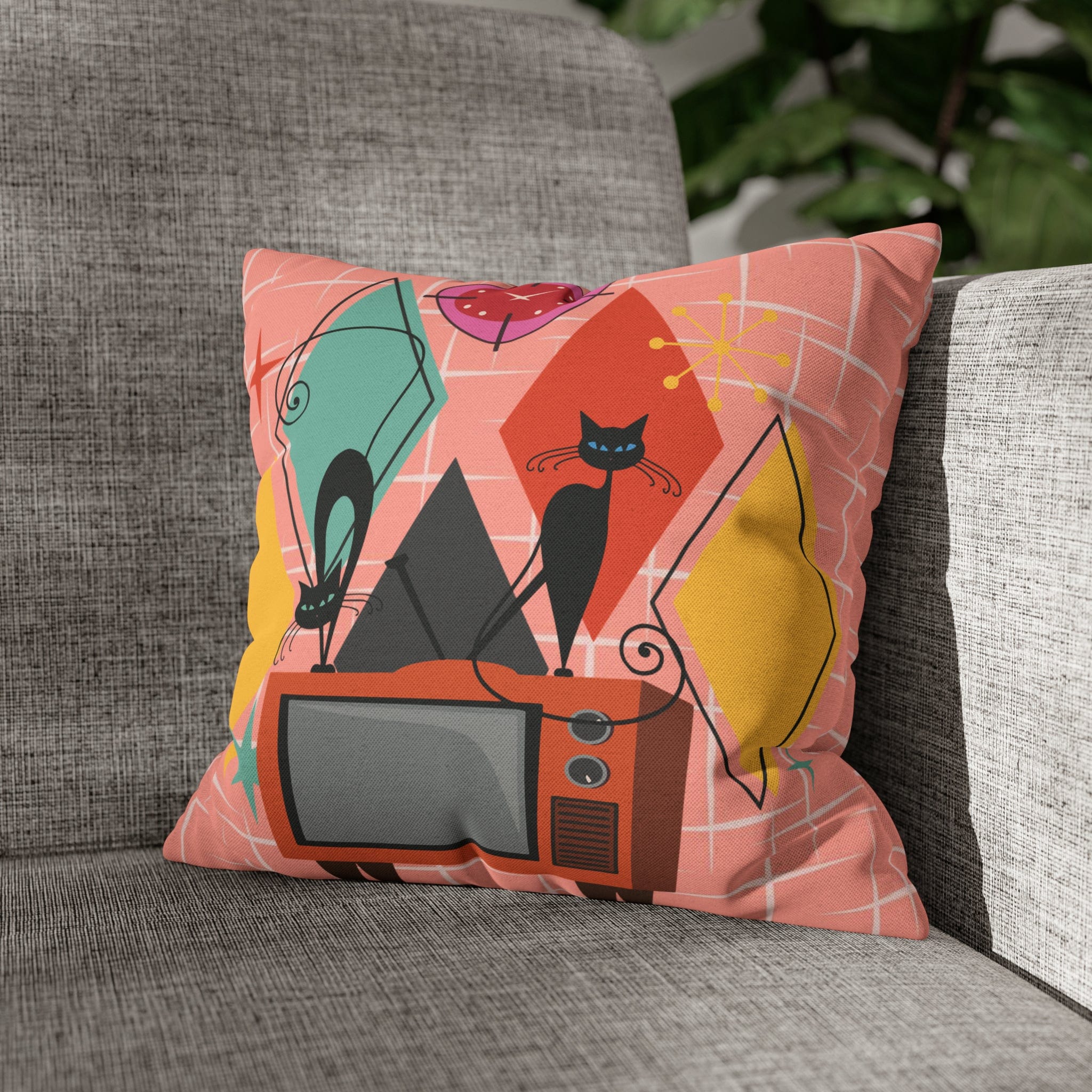 Kate McEnroe New York Atomic Cat Retro TV Pillow Cover, Mid Century Modern Orange, Teal, Yellow, Pink Cushion Covers, MCM Pillow CaseThrow Pillow Covers28026697588794533196
