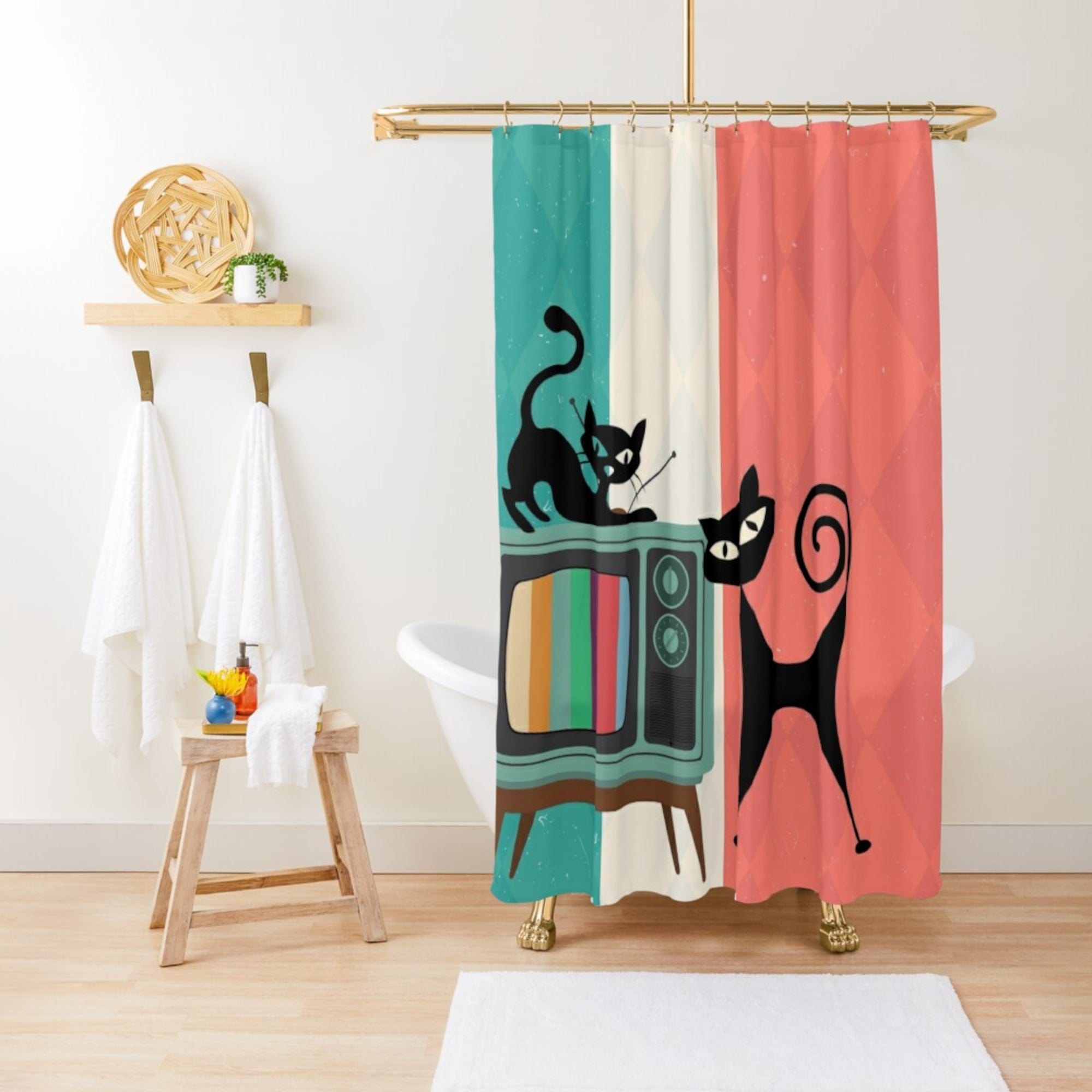 Kate McEnroe New York Atomic Cat Retro TV Shower Curtain, Vibrant MCM Bath Curtain, Nostalgic 50s Bathroom DecorShower Curtains46829856554895978707