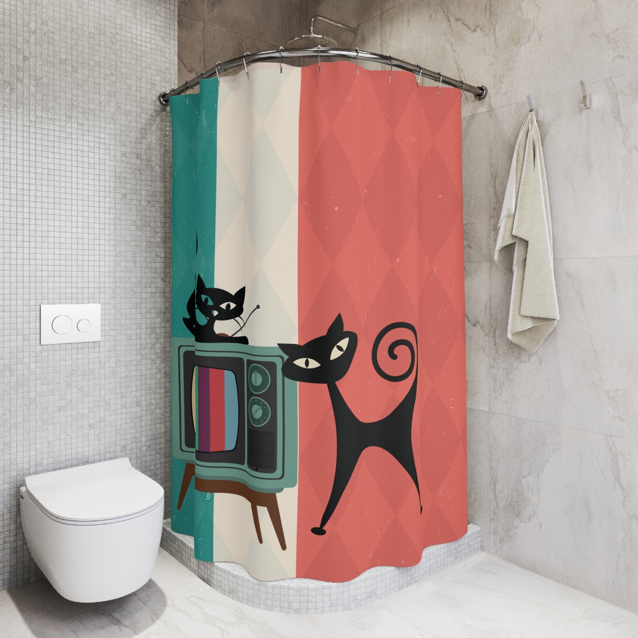 Kate McEnroe New York Atomic Cat Retro TV Shower Curtain, Vibrant MCM Bath Curtain, Nostalgic 50s Bathroom DecorShower Curtains46829856554895978707