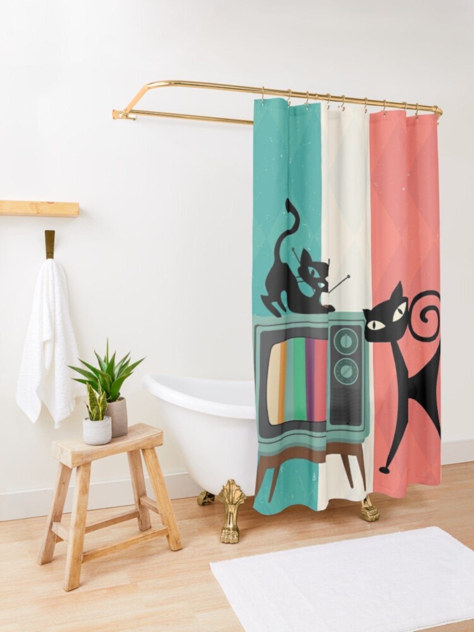 Kate McEnroe New York Atomic Cat Retro TV Shower Curtain, Vibrant MCM Bath Curtain, Nostalgic 50s Bathroom DecorShower Curtains46829856554895978707