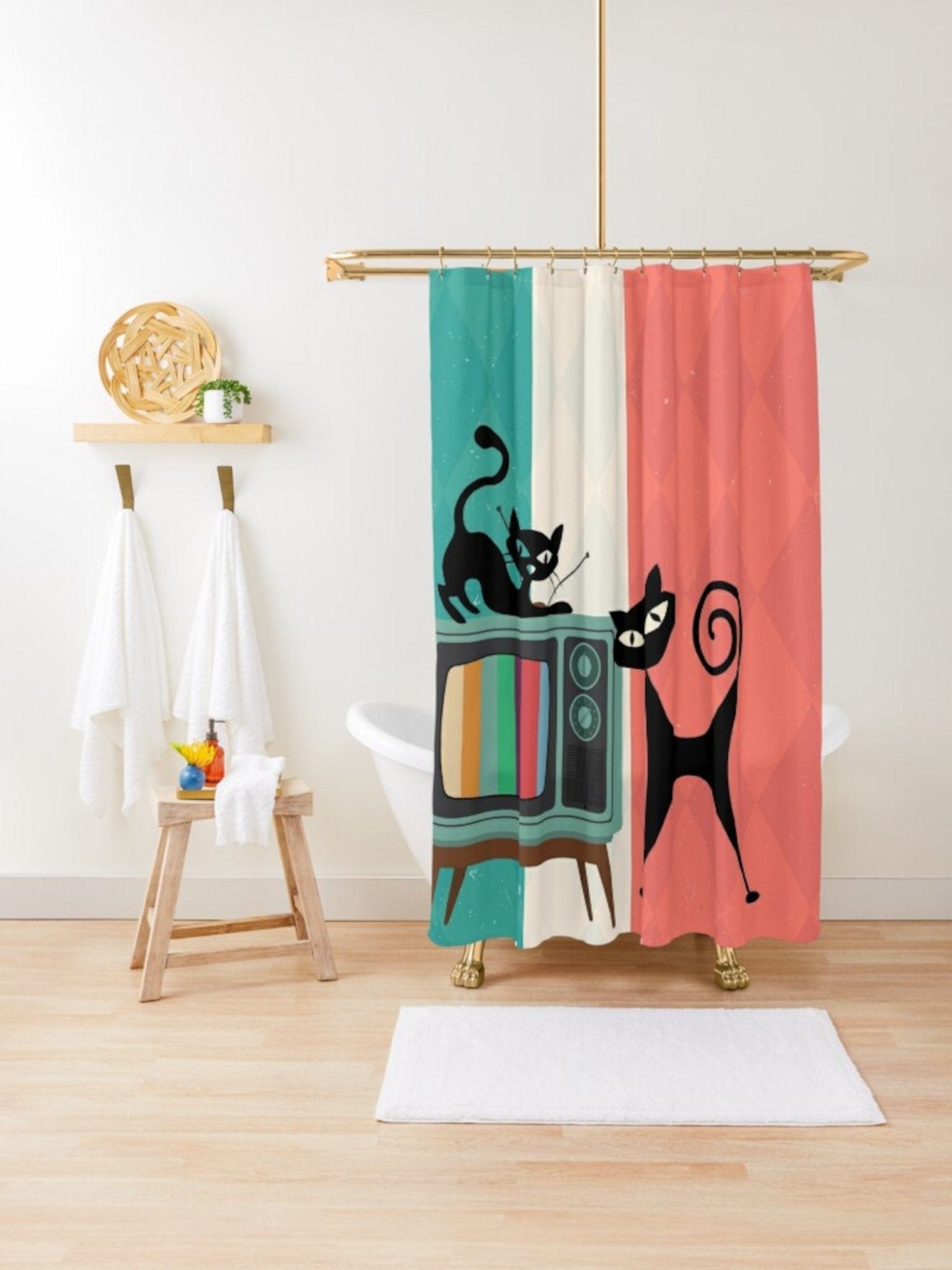Kate McEnroe New York Atomic Cat Retro TV Shower Curtain, Vibrant MCM Bath Curtain, Nostalgic 50s Bathroom DecorShower Curtains46829856554895978707