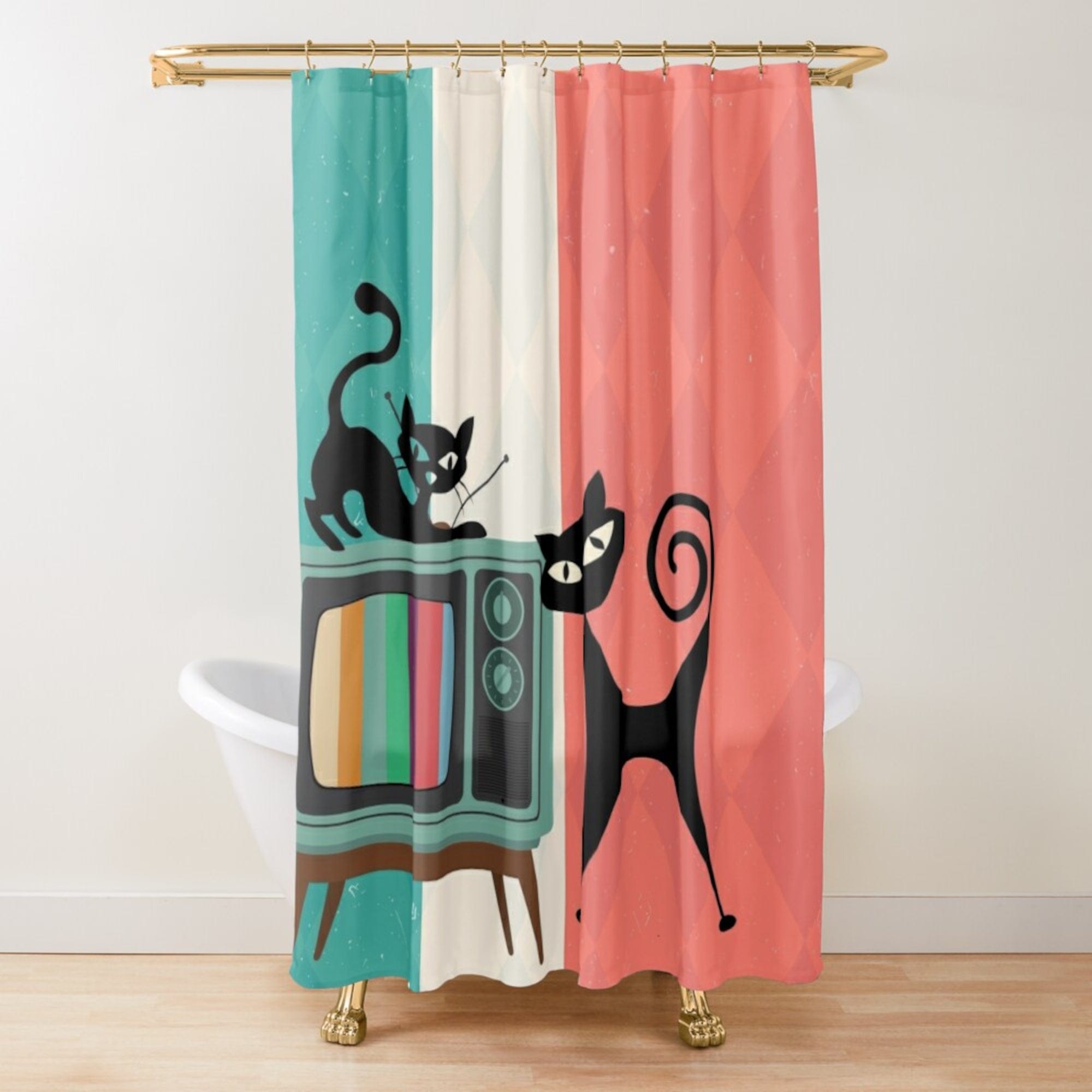 Kate McEnroe New York Atomic Cat Retro TV Shower Curtain, Vibrant MCM Bath Curtain, Nostalgic 50s Bathroom DecorShower Curtains46829856554895978707