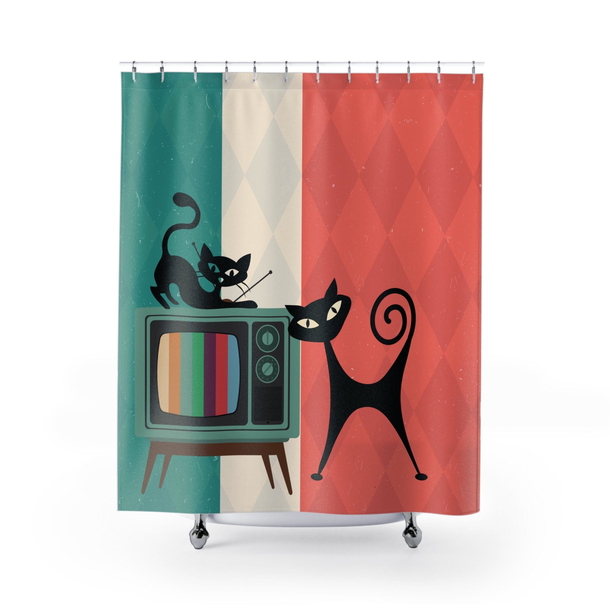 Kate McEnroe New York Atomic Cat Retro TV Shower Curtain, Vibrant MCM Bath Curtain, Nostalgic 50s Bathroom DecorShower Curtains46829856554895978707