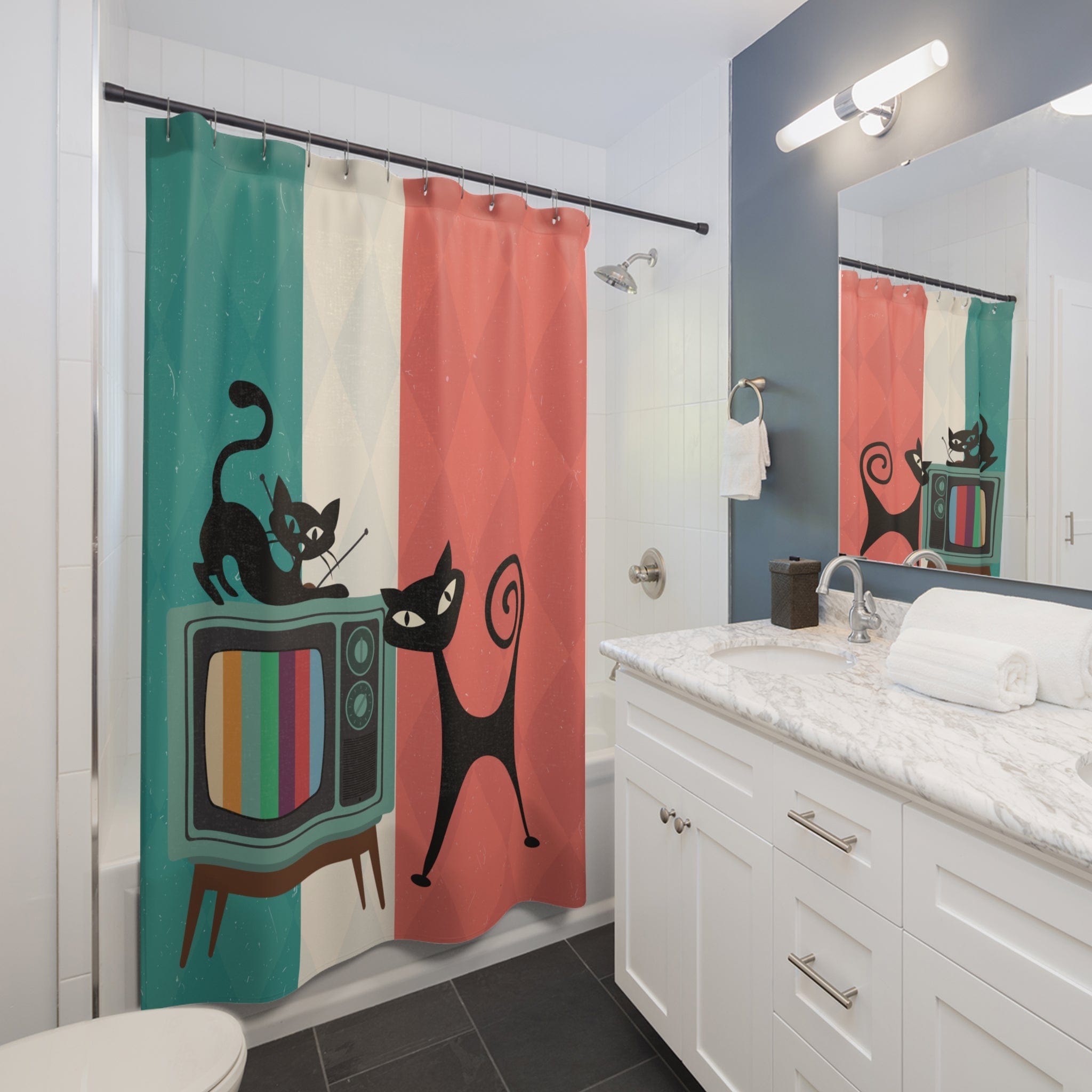 Kate McEnroe New York Atomic Cat Retro TV Shower Curtain, Vibrant MCM Bath Curtain, Nostalgic 50s Bathroom DecorShower Curtains46829856554895978707