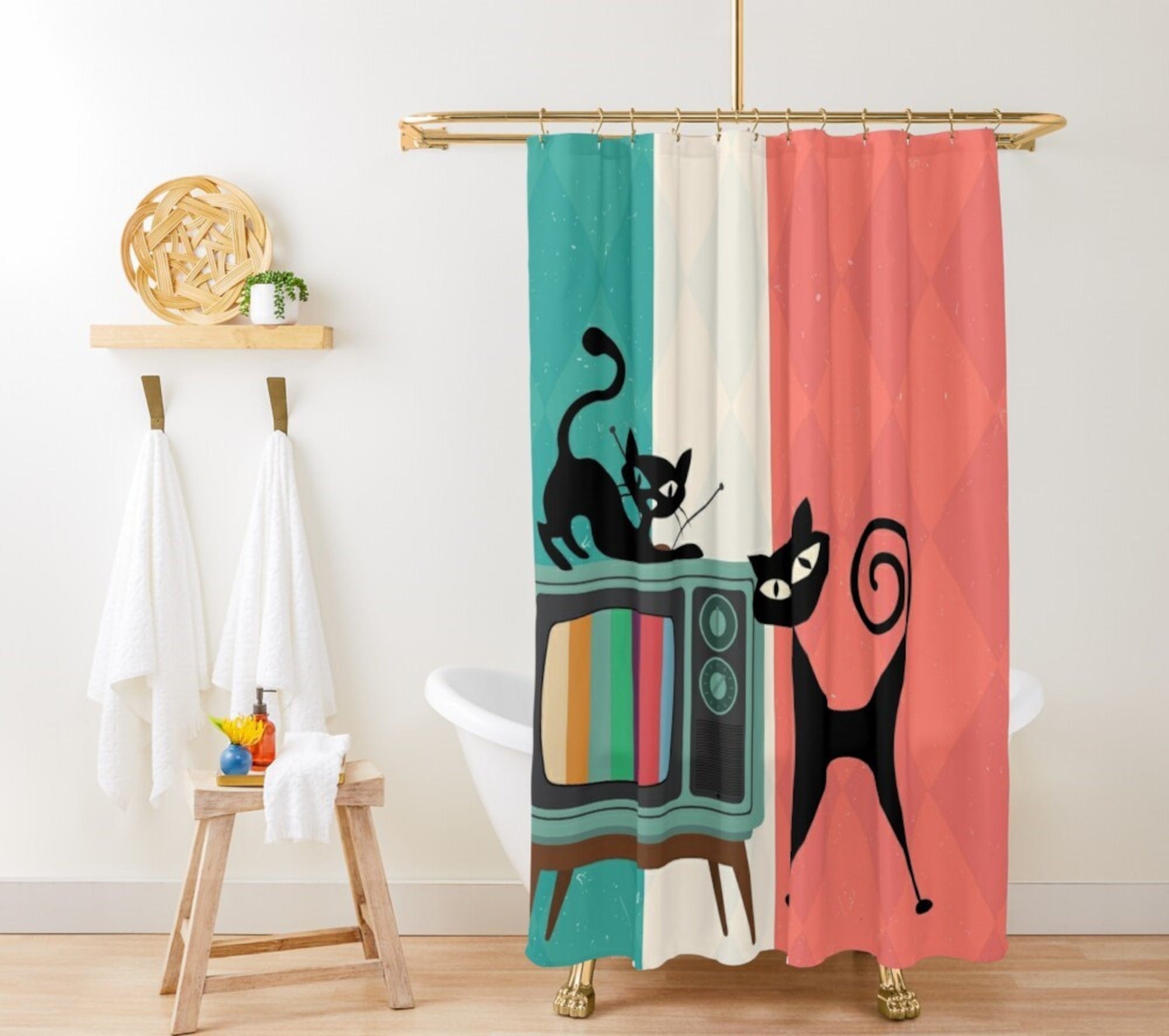 Kate McEnroe New York Atomic Cat Retro TV Shower Curtain, Vibrant MCM Bath Curtain, Nostalgic 50s Bathroom DecorShower Curtains46829856554895978707