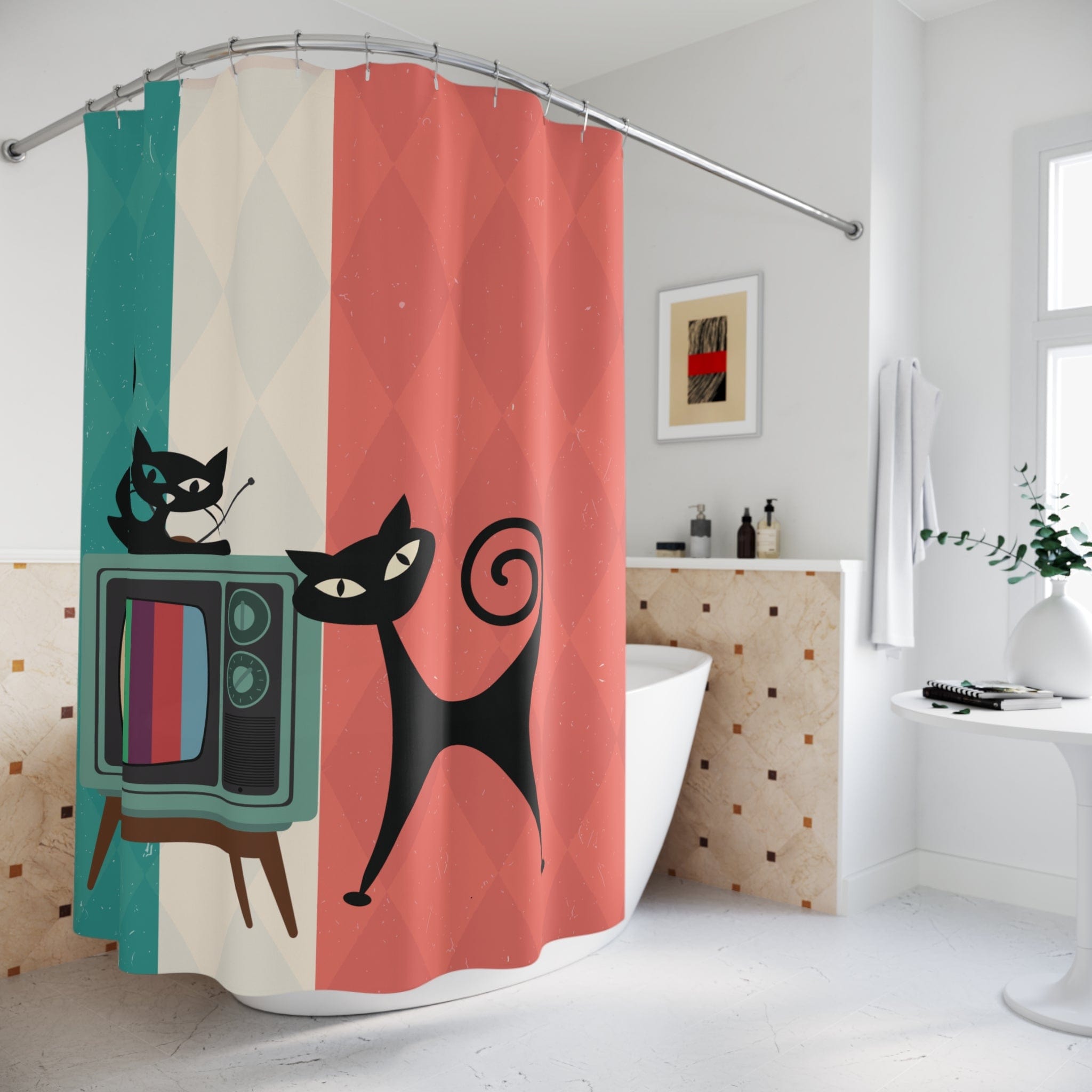 Kate McEnroe New York Atomic Cat Retro TV Shower Curtain, Vibrant MCM Bath Curtain, Nostalgic 50s Bathroom DecorShower Curtains46829856554895978707