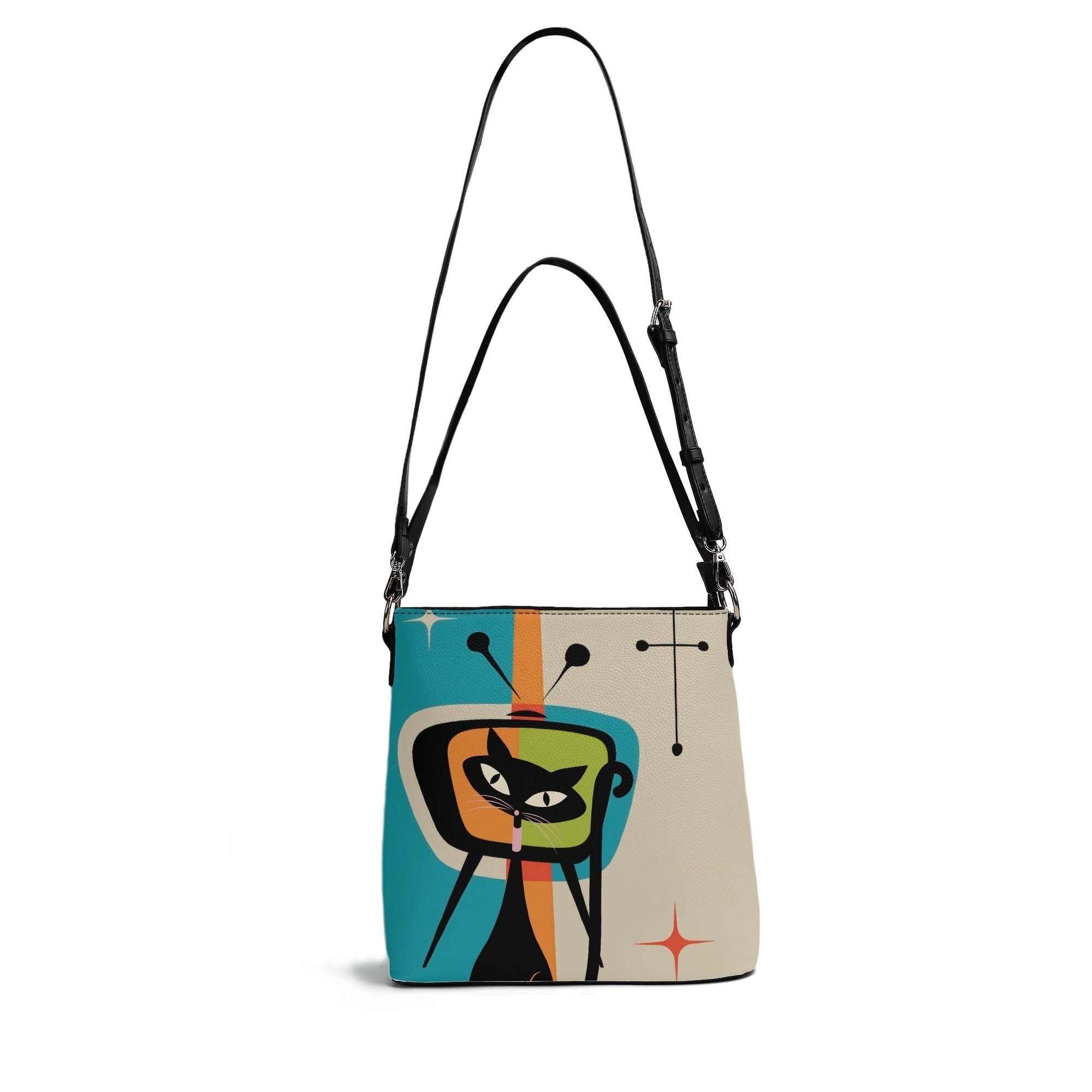 Kate McEnroe New York Atomic Cat Retro Vintage TV Bucket Handbag, Mid Century Modern Purse, MCM Kitsch Crossbody BagHandbagsW8MJ53XW - 1
