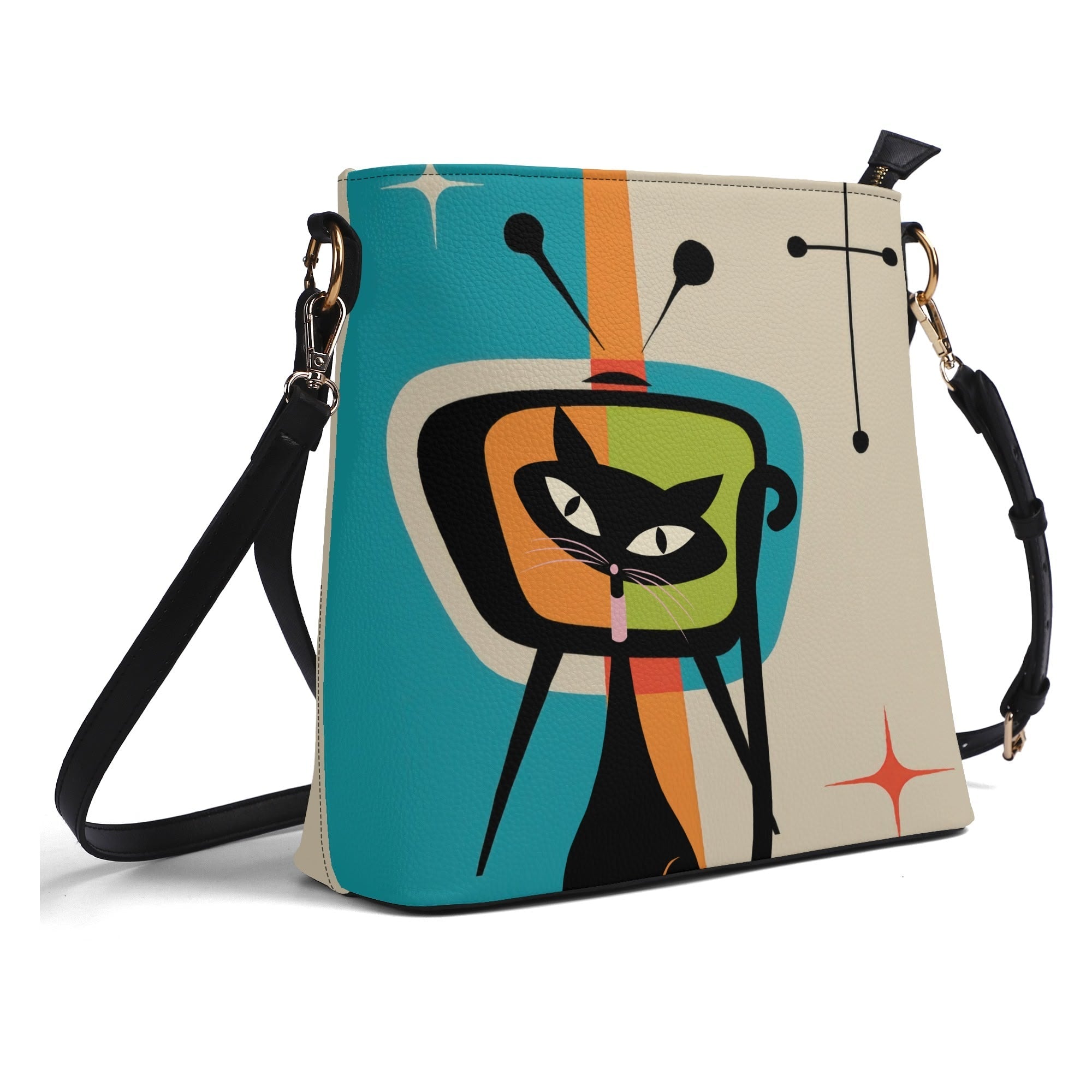 Kate McEnroe New York Atomic Cat Retro Vintage TV Bucket Handbag, Mid Century Modern Purse, MCM Kitsch Crossbody BagHandbagsW8MJ53XW - 1