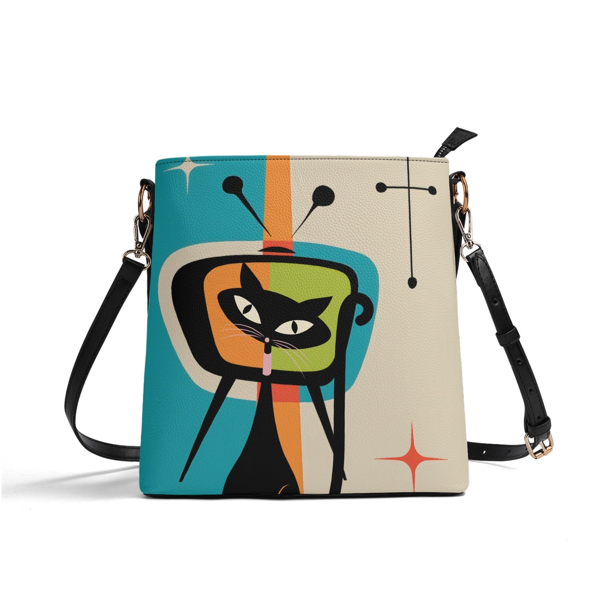 Kate McEnroe New York Atomic Cat Retro Vintage TV Bucket Handbag, Mid Century Modern Purse, MCM Kitsch Crossbody BagHandbagsW8MJ53XW - 1