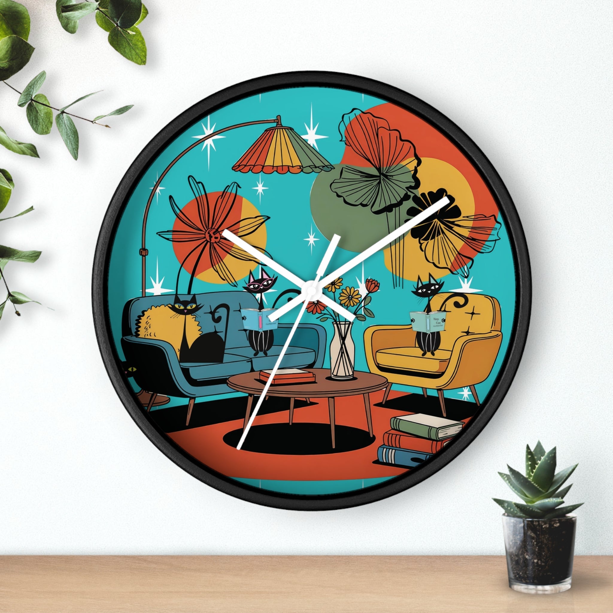 Kate McEnroe New York Atomic Cat Retro Wall Clock, 1950s Mid Century Modern Lounge Timepiece, MCM Book Lover Home DecorWall Clocks29658118988172731218