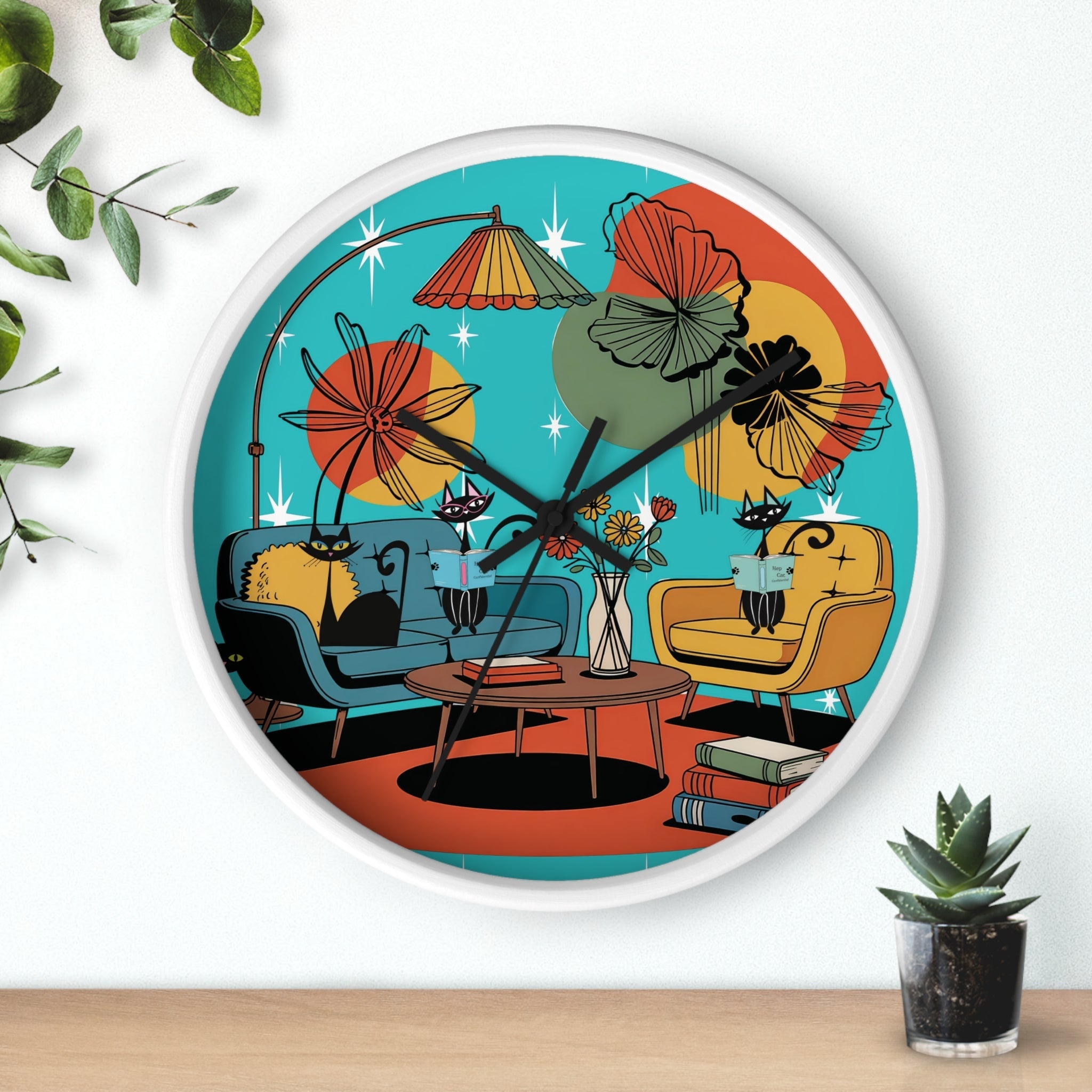 Kate McEnroe New York Atomic Cat Retro Wall Clock, 1950s Mid Century Modern Lounge Timepiece, MCM Book Lover Home DecorWall Clocks29658118988172731218