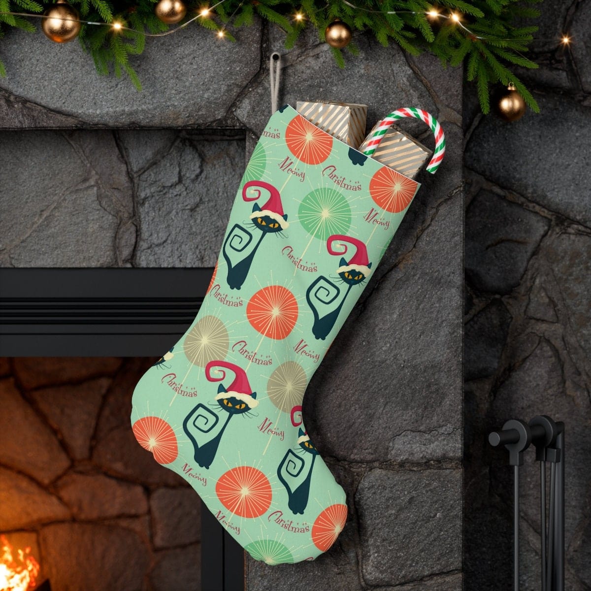 Kate McEnroe New York Atomic Cat Santa Stocking, MCM Meowy Christmas, Mid Century Modern Retro Starburst Christmas Decor, 1970s Vintage Christmas StockingsHoliday Stockings27557870196732999862