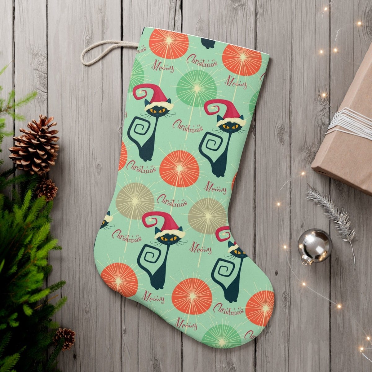 Kate McEnroe New York Atomic Cat Santa Stocking, MCM Meowy Christmas, Mid Century Modern Retro Starburst Christmas Decor, 1970s Vintage Christmas StockingsHoliday Stockings27557870196732999862