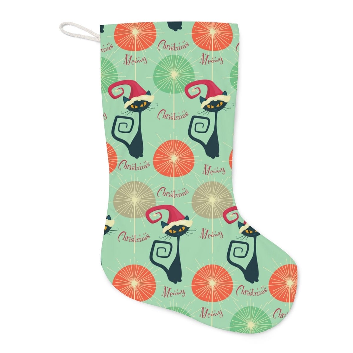 Kate McEnroe New York Atomic Cat Santa Stocking, MCM Meowy Christmas, Mid Century Modern Retro Starburst Christmas Decor, 1970s Vintage Christmas StockingsHoliday Stockings27557870196732999862