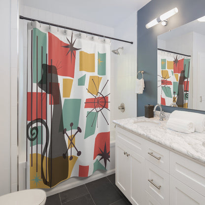 Printify Atomic Cat Shower Curtain, Mid Century Modern Bathroom Decor, Retro Bath Accessory Home Decor 71&quot; × 74&quot; 59011709041030072123