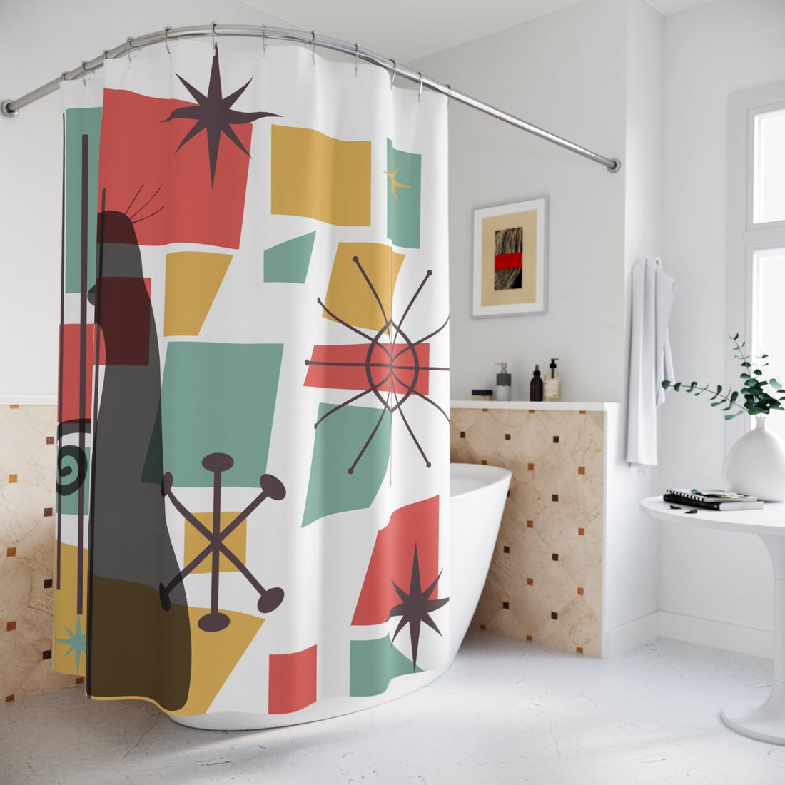 Kate McEnroe New York Atomic Cat Shower Curtain, Mid Century Modern Bathroom Decor, Retro Bath Accessory Shower Curtains 71&quot; × 74&quot; 59011709041030072123