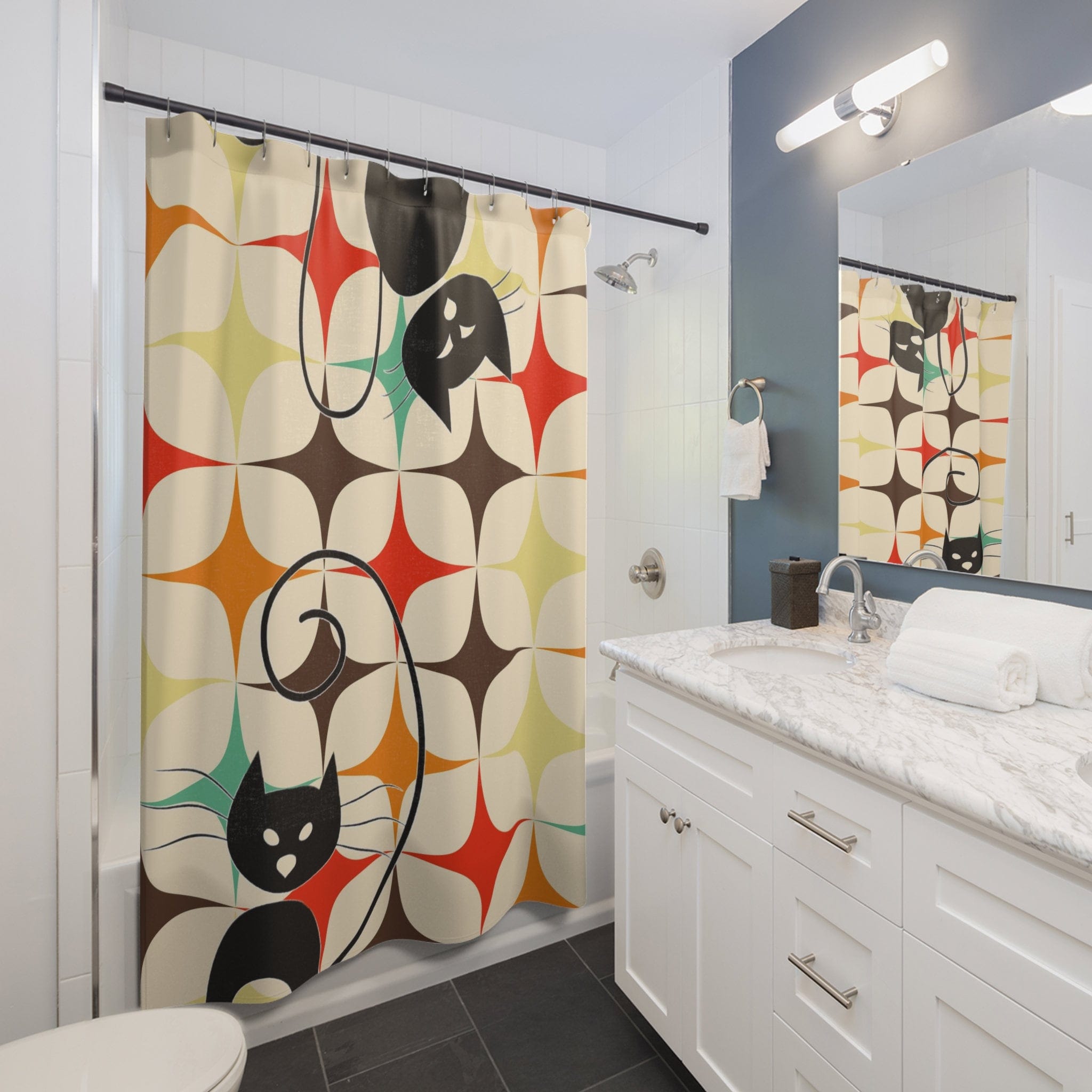 Kate McEnroe New York Atomic Cat Shower Curtain, Mid Century Modern Starburst Retro Kitschy Bathroom Decor - 12862023Shower CurtainsS40 - BST - CAT - 7x7