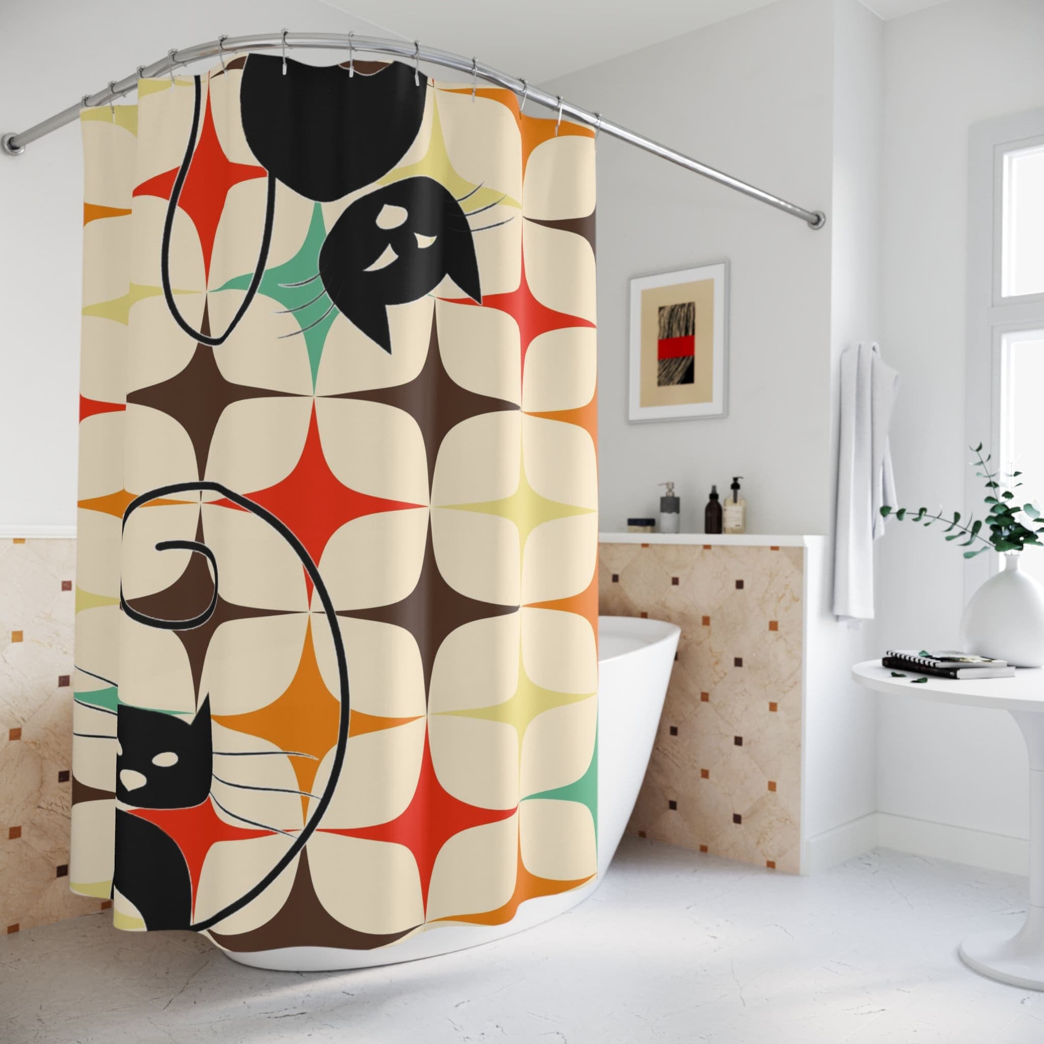 Kate McEnroe New York Atomic Cat Shower Curtain, Mid Century Modern Starburst Retro Kitschy Bathroom Decor - 12862023Shower CurtainsS40 - BST - CAT - 7x7