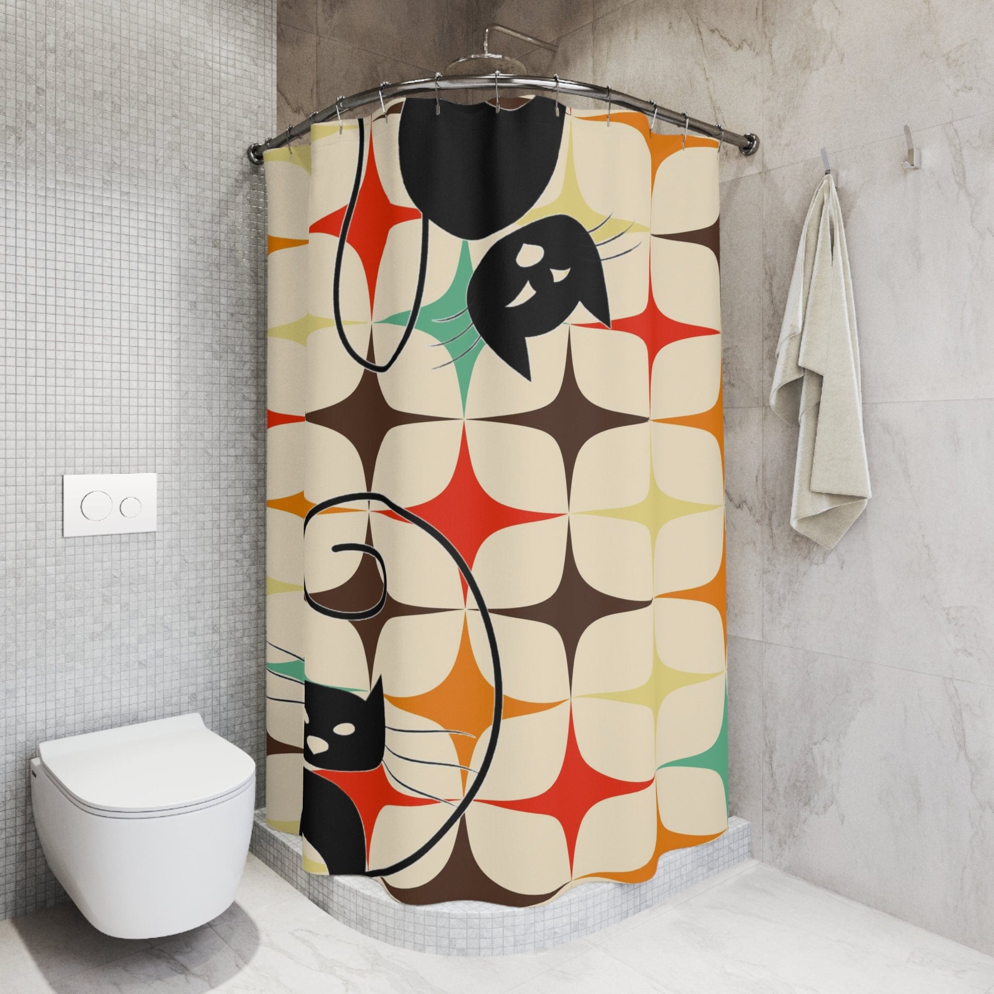 Kate McEnroe New York Atomic Cat Shower Curtain, Mid Century Modern Starburst Retro Kitschy Bathroom Decor - 12862023Shower CurtainsS40 - BST - CAT - 7x7