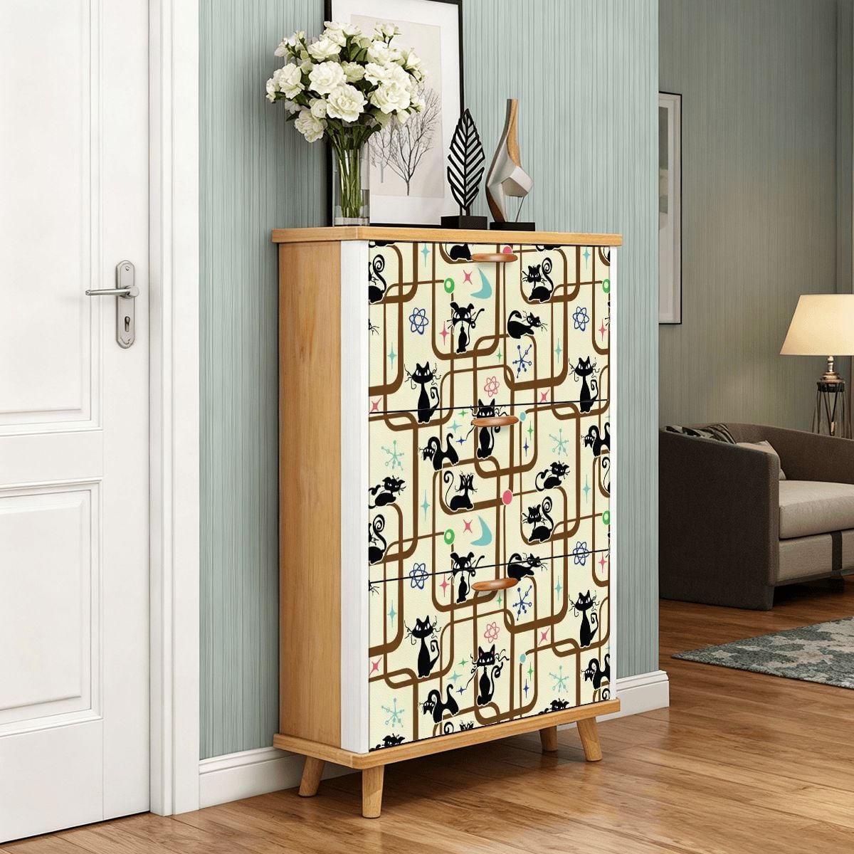 Kate McEnroe New York Atomic Cat Starburst Geometric 1950s Space Age Retro Shoe CabinetShoe StoragebO57B1IiZn