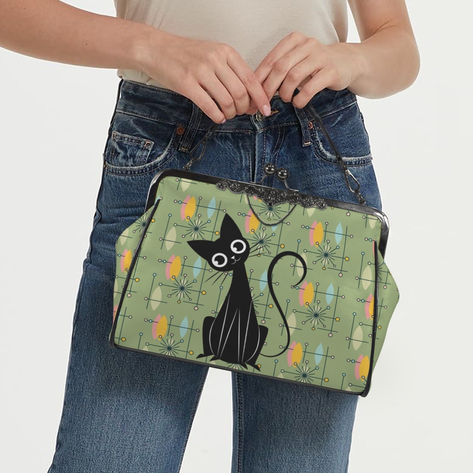 Kate McEnroe New York Atomic Cat Starburst Mid Century Modern Retro Kisslock Frame PurseCrossbody BagsD3283676