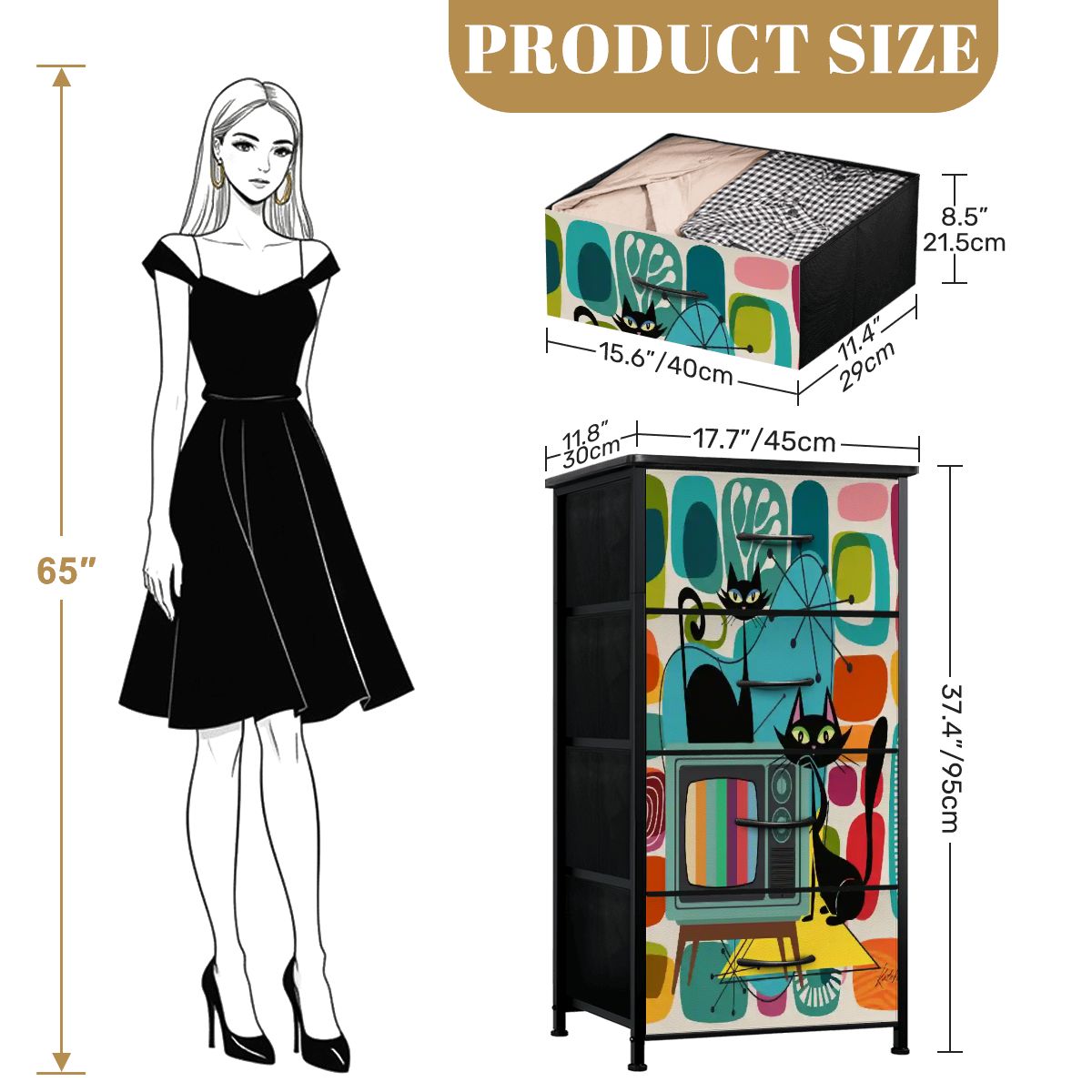 Kate McEnroe New York Atomic Cat TV Lounge Tall Dresser, Mid Century Modern Starburst Storage, Retro Mod Furniture, 50s Kitsch Black Cat ChestDressers0VPtvyzgEF