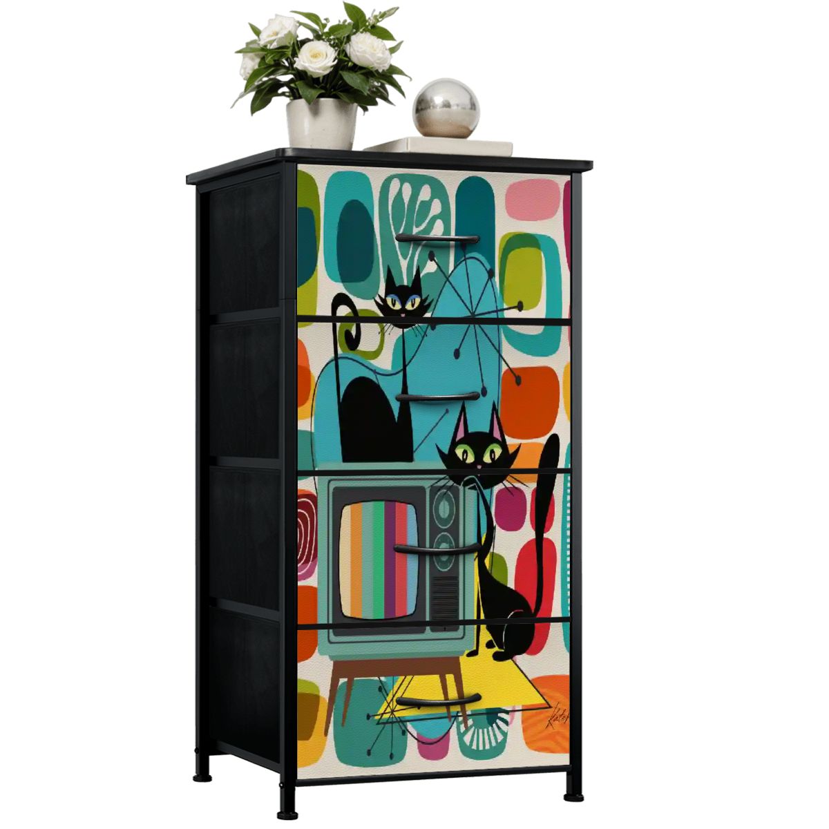 Kate McEnroe New York Atomic Cat TV Lounge Tall Dresser, Mid Century Modern Starburst Storage, Retro Mod Furniture, 50s Kitsch Black Cat ChestDressers0VPtvyzgEF
