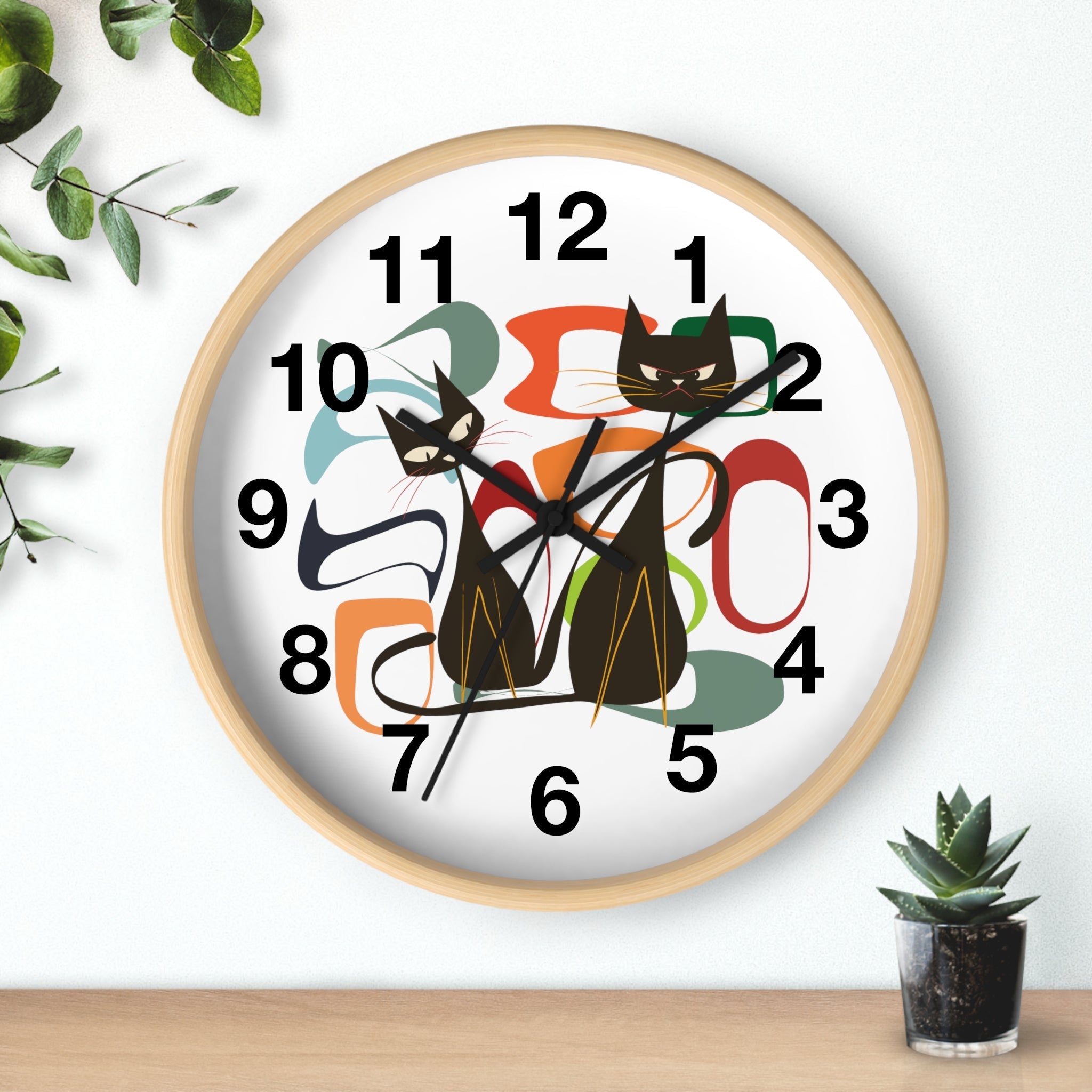 Kate McEnroe New York Atomic Cat Wall Clock, Mid Century Modern Retro Style, Orange, Green, and Blue, Wall Art DecorWall Clocks27042628030011308395