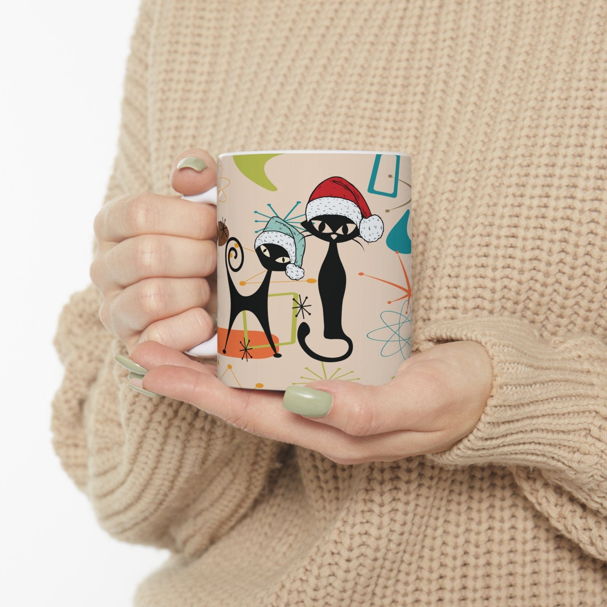 Kate McEnroe New York Atomic Cats Christmas Mug, Mid Century Modern Retro Boomerang Starburst Holiday Drinkware, Kitschy Holiday GiftMugs29014389796606680698