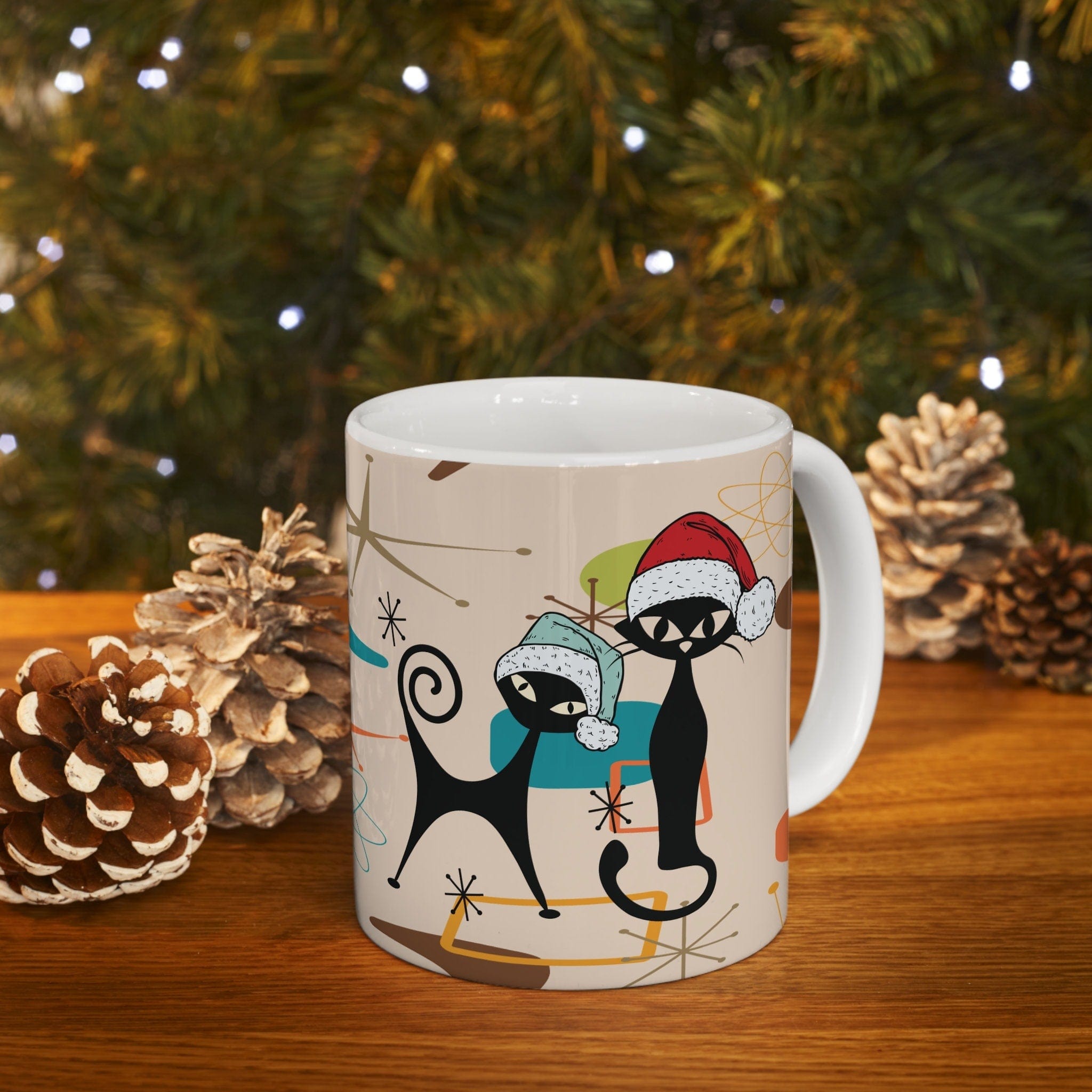 Kate McEnroe New York Atomic Cats Christmas Mug, Mid Century Modern Retro Boomerang Starburst Holiday Drinkware, Kitschy Holiday GiftMugs29014389796606680698