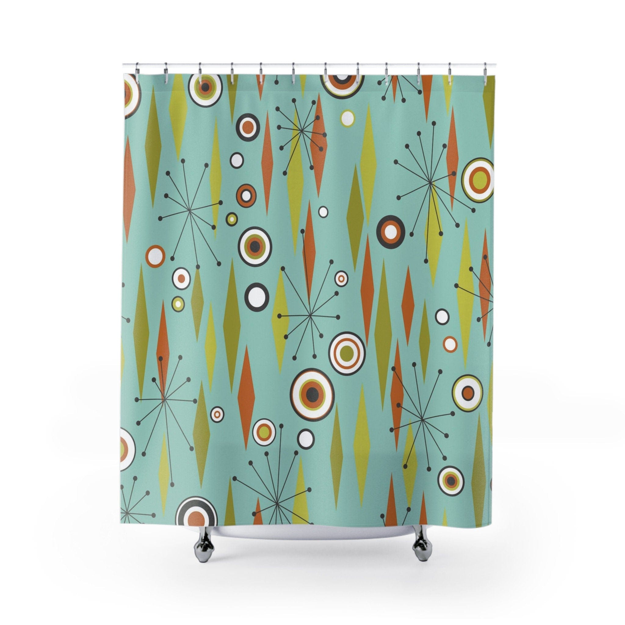 Kate McEnroe New York Atomic Diamond Starbursts Geometric Mid Century Modern Shower Curtain, Retro Aqua Blue, Orange, Lime Bath Curtain, 50s MCM Bathroom DecorShower CurtainsS40 - BAS - DIA - 7X7