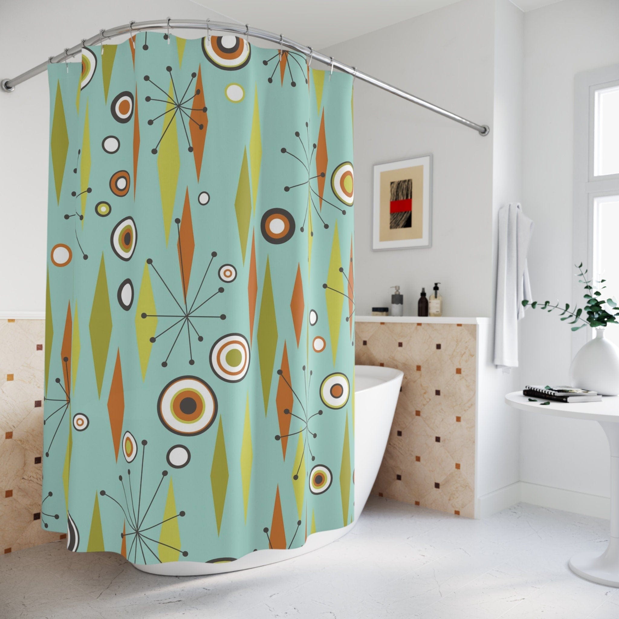 Kate McEnroe New York Atomic Diamond Starbursts Geometric Mid Century Modern Shower Curtain, Retro Aqua Blue, Orange, Lime Bath Curtain, 50s MCM Bathroom DecorShower CurtainsS40 - BAS - DIA - 7X7