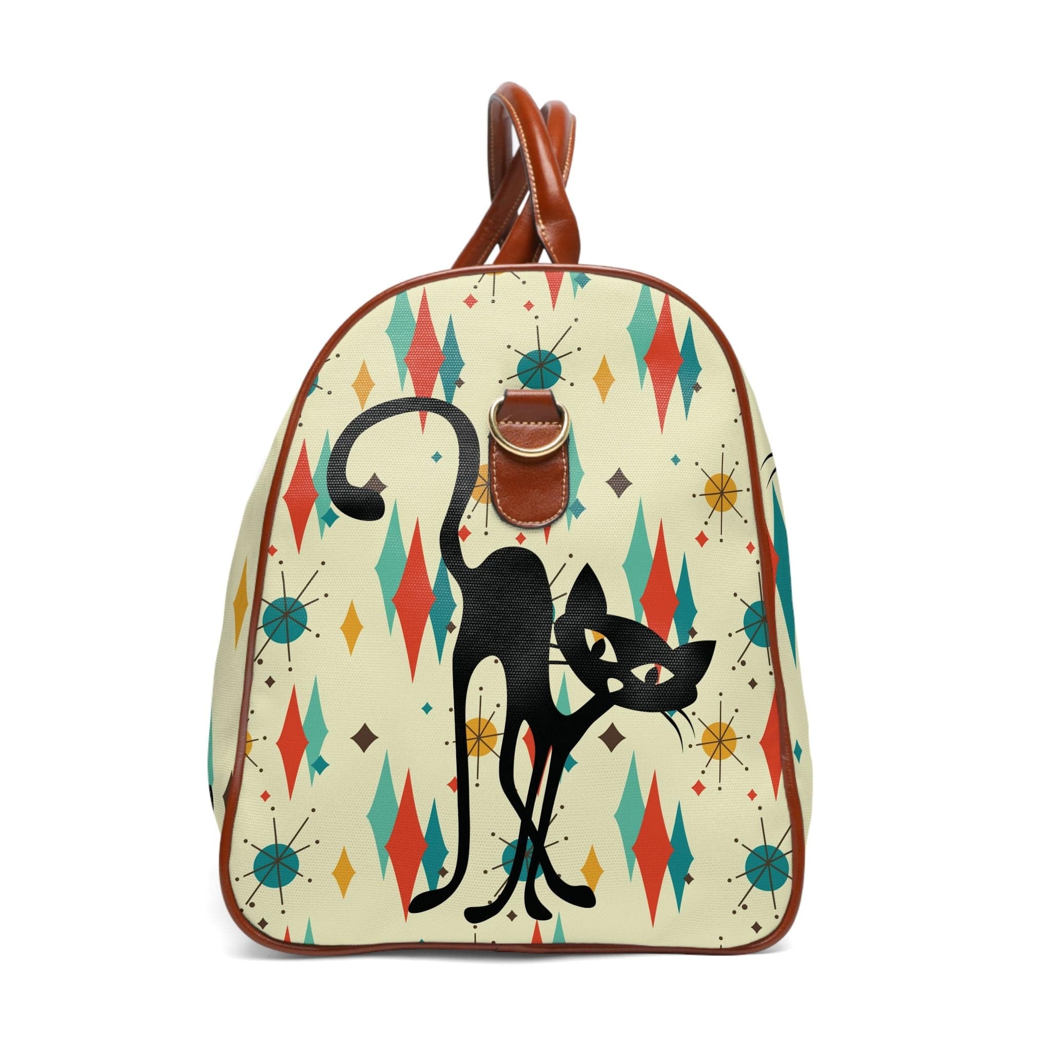 Kate McEnroe New York Atomic Kitchy Black Cat Franciscan Diamond Starburst Weekender Travel Bag, Mid Century Modern Geometric Beige, Orange, MustardDuffel Bags12178927421163667088